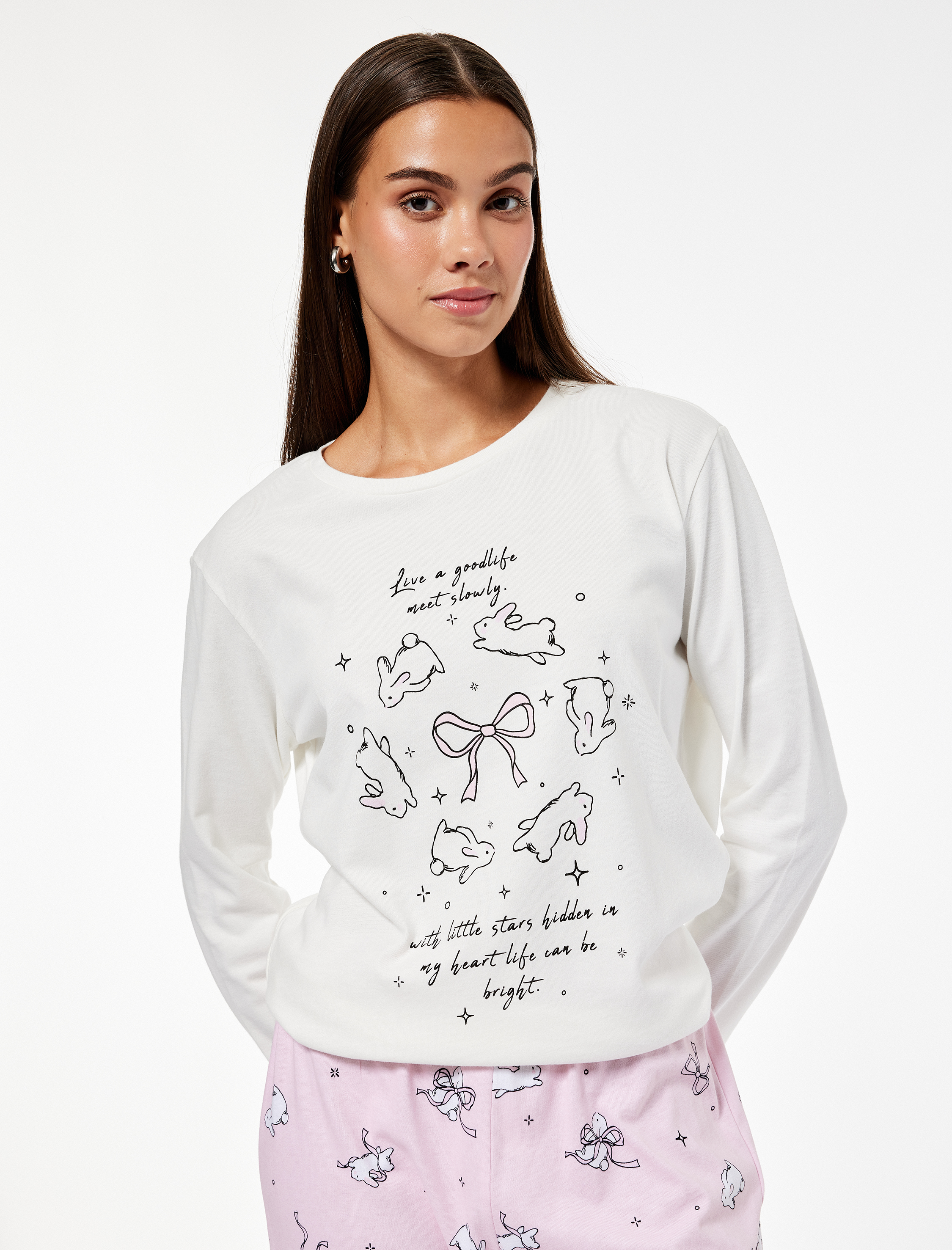   Tavşan Baskılı Uzun Kollu Bisiklet Yaka Pamuklu Pijama Takımı