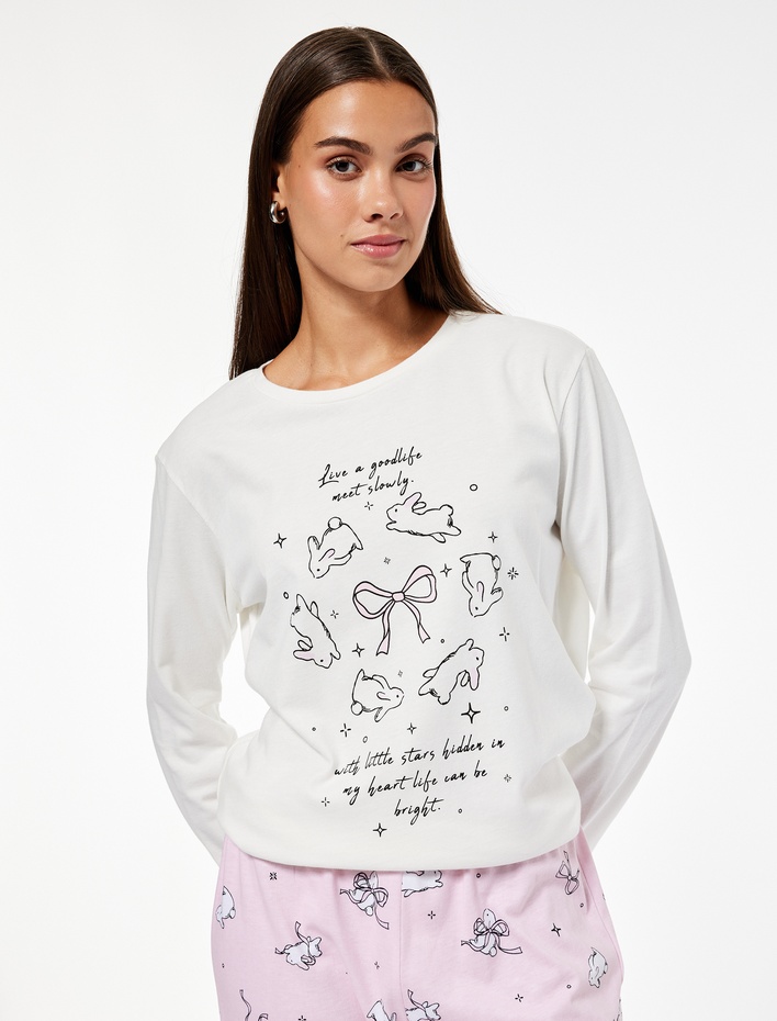  Tavşan Baskılı Uzun Kollu Bisiklet Yaka Pamuklu Pijama Takımı