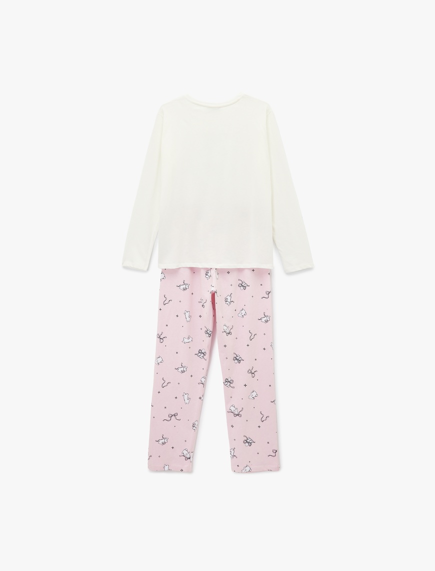   Tavşan Baskılı Uzun Kollu Bisiklet Yaka Pamuklu Pijama Takımı
