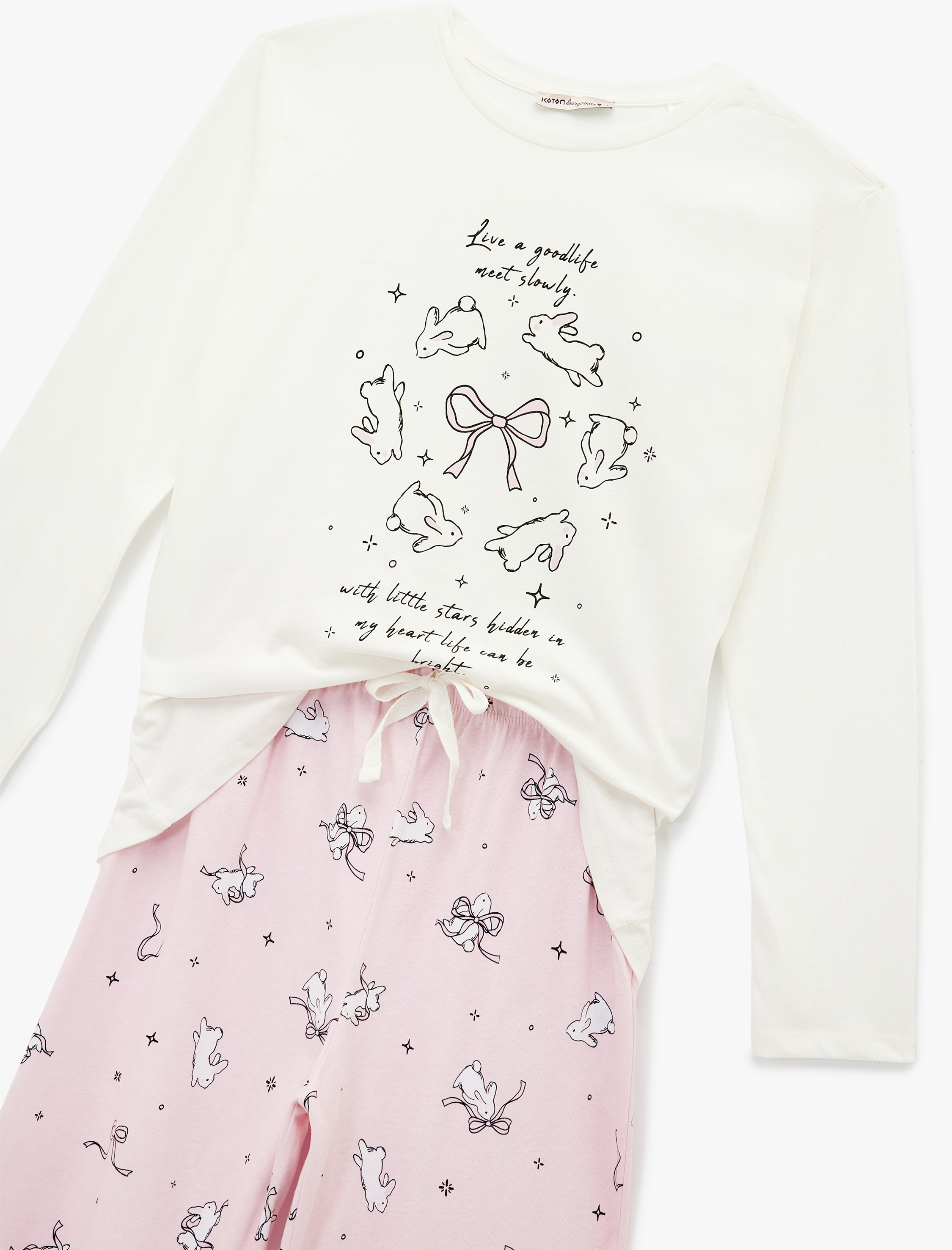   Tavşan Baskılı Uzun Kollu Bisiklet Yaka Pamuklu Pijama Takımı