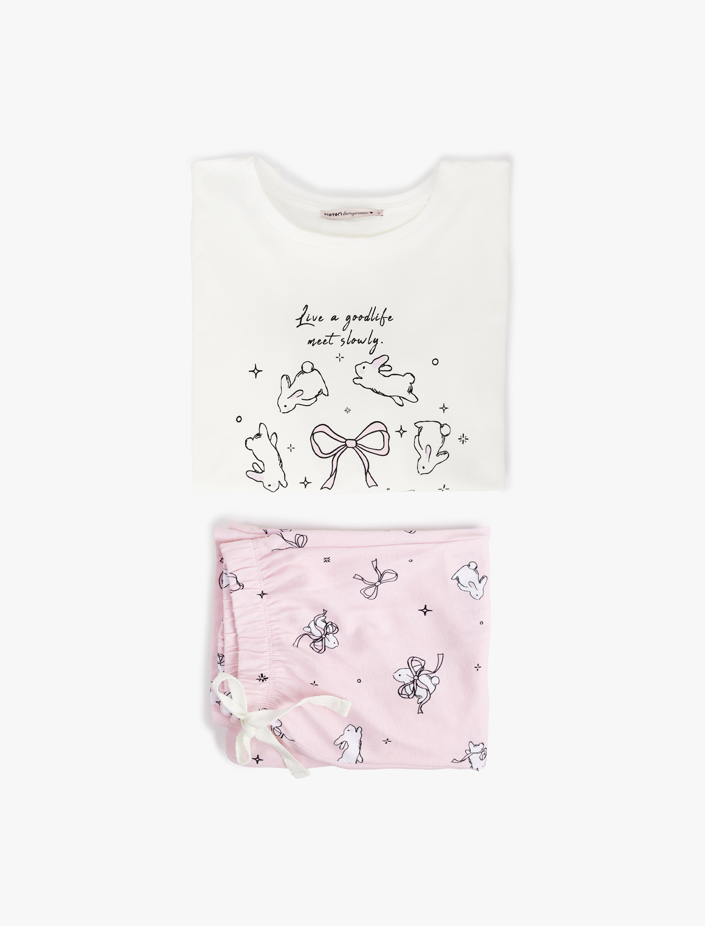   Tavşan Baskılı Uzun Kollu Bisiklet Yaka Pamuklu Pijama Takımı