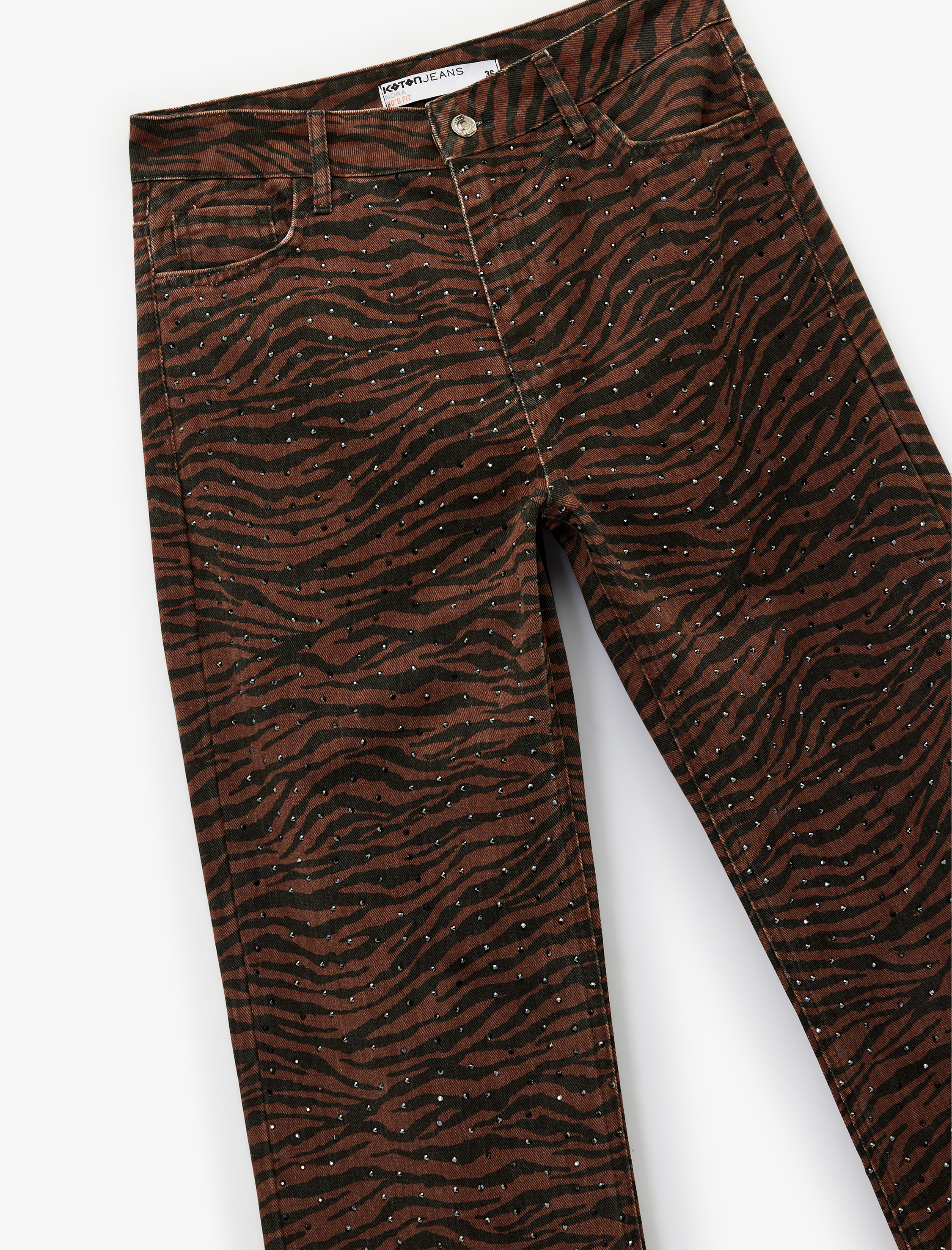   Pamuklu Taş Detaylı Düğmeli Cepli Leopar Desenli Jean Pantolon - Longer Straight Jean