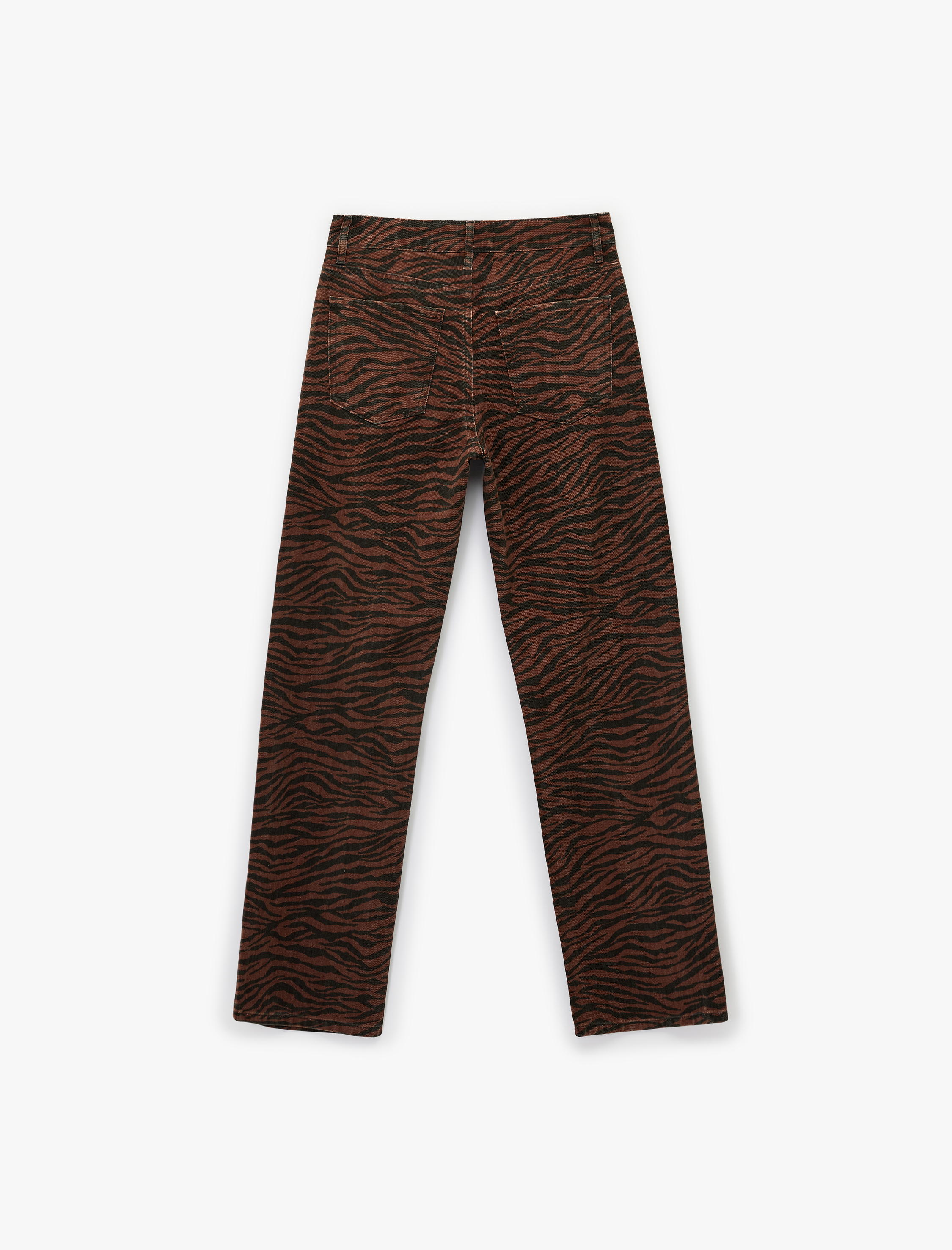   Pamuklu Taş Detaylı Düğmeli Cepli Leopar Desenli Jean Pantolon - Longer Straight Jean