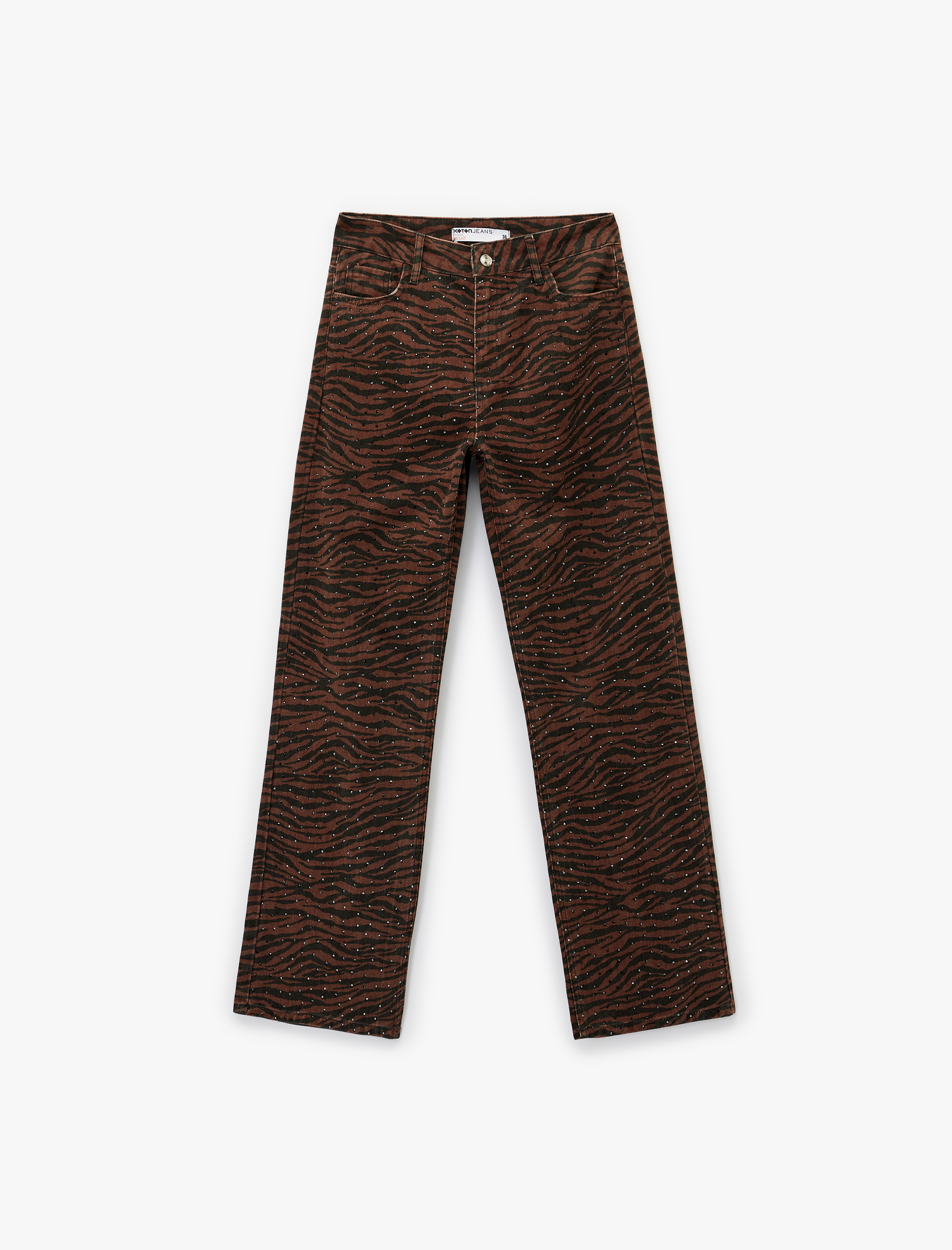   Pamuklu Taş Detaylı Düğmeli Cepli Leopar Desenli Jean Pantolon - Longer Straight Jean