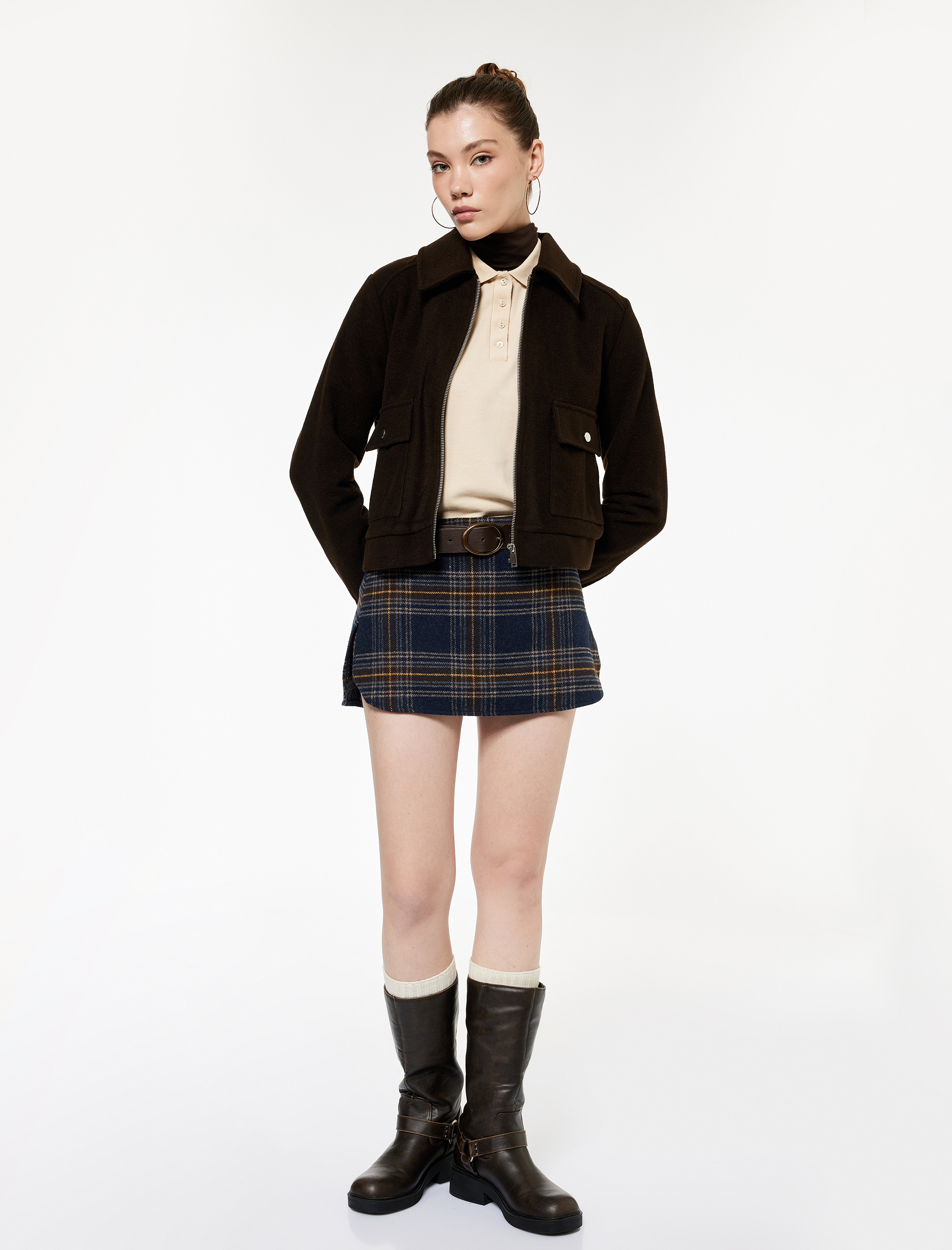   Uzun Kollu Klasik Yaka Cep Detaylı Oversize Fermuarlı Ceket