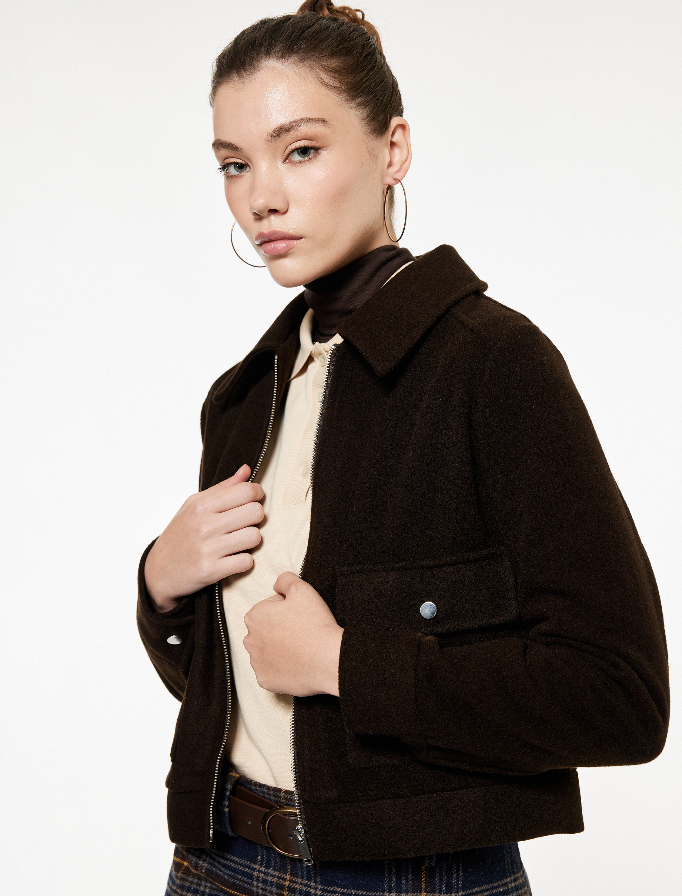   Uzun Kollu Klasik Yaka Cep Detaylı Oversize Fermuarlı Ceket