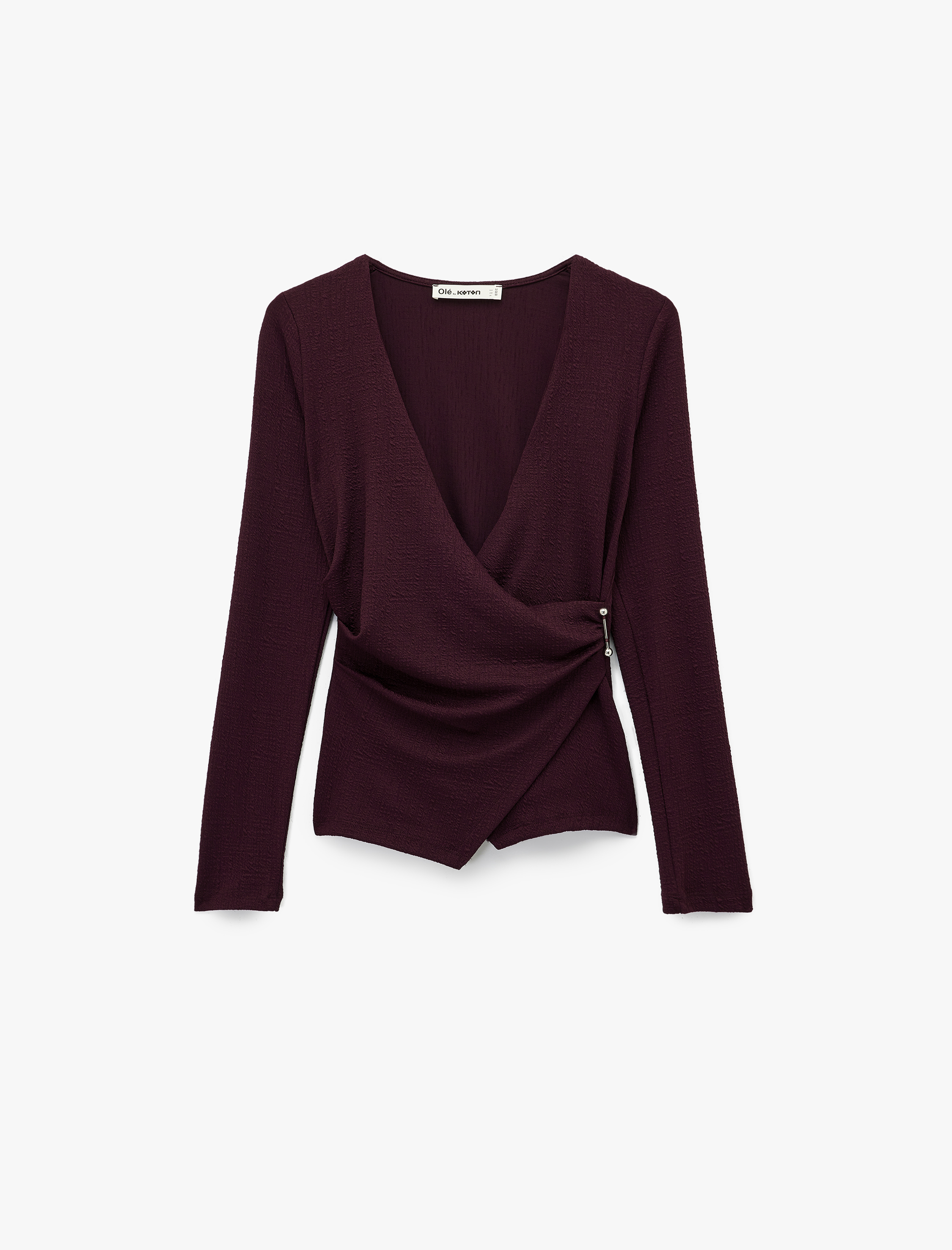   Metal Aksesuarlı Uzun Kollu Slim Fit Bürümcük Kruvaze Yaka Bluz