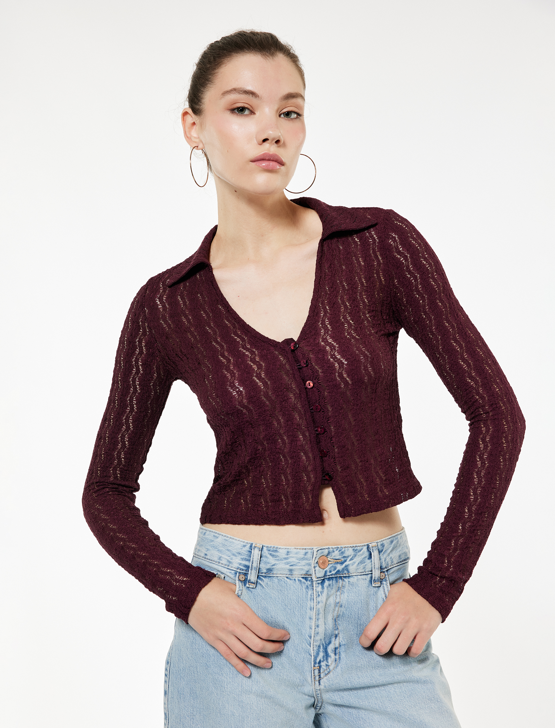   Ajurlu Düğmeli Uzun Kollu Polo Yaka Tişört