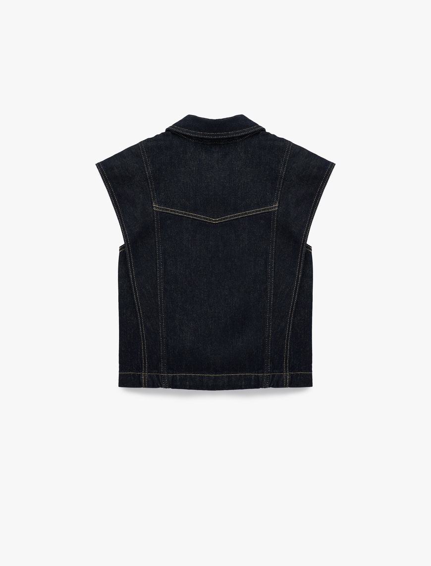   Klasik Yaka Dikiş Detaylı Pamuklu Düğmeli Denim Yelek