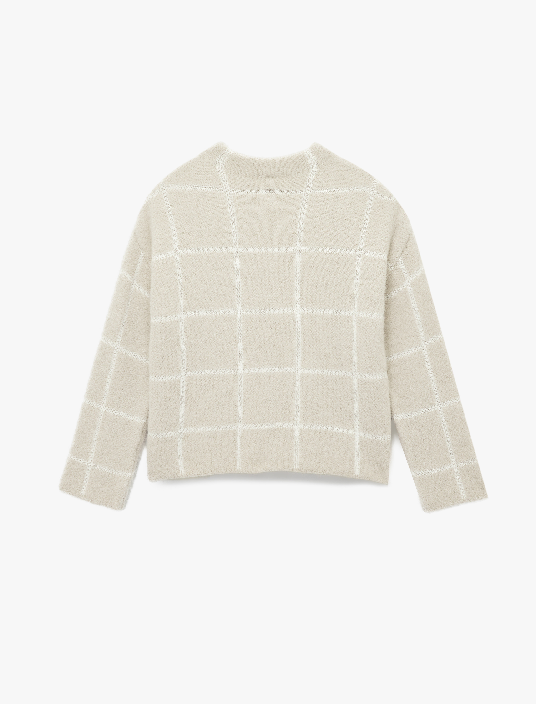   Uzun Kollu Dik Yaka Kareli Triko Peluş Kazak