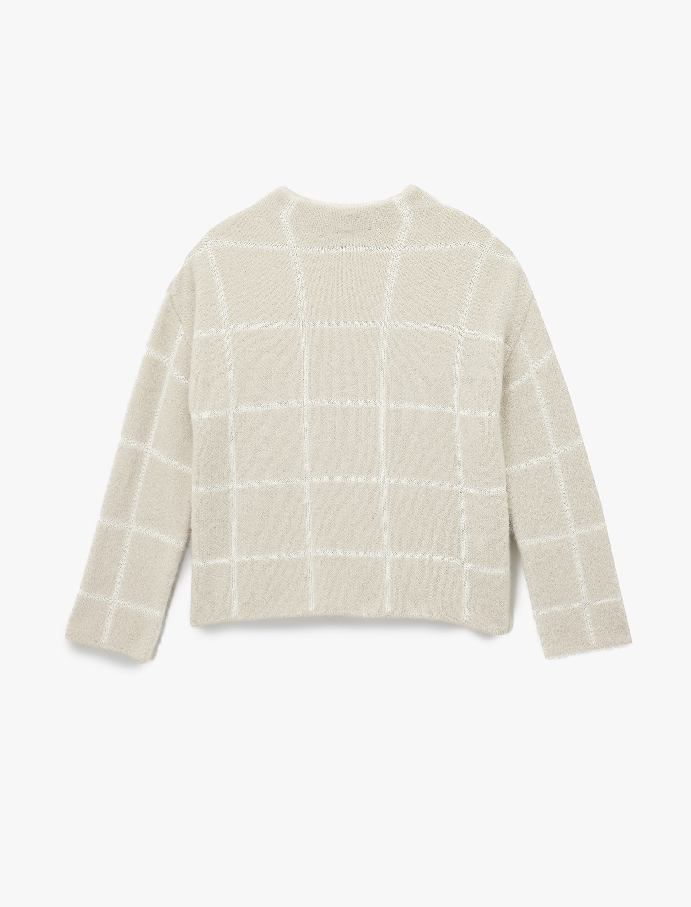   Uzun Kollu Dik Yaka Kareli Triko Peluş Kazak