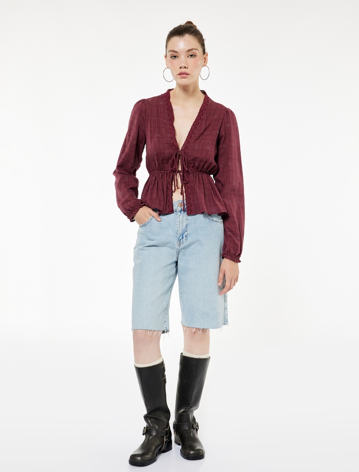  Uzun Kollu V Yaka Viskon Karışımlı Bağcıklı Fisto Bluz