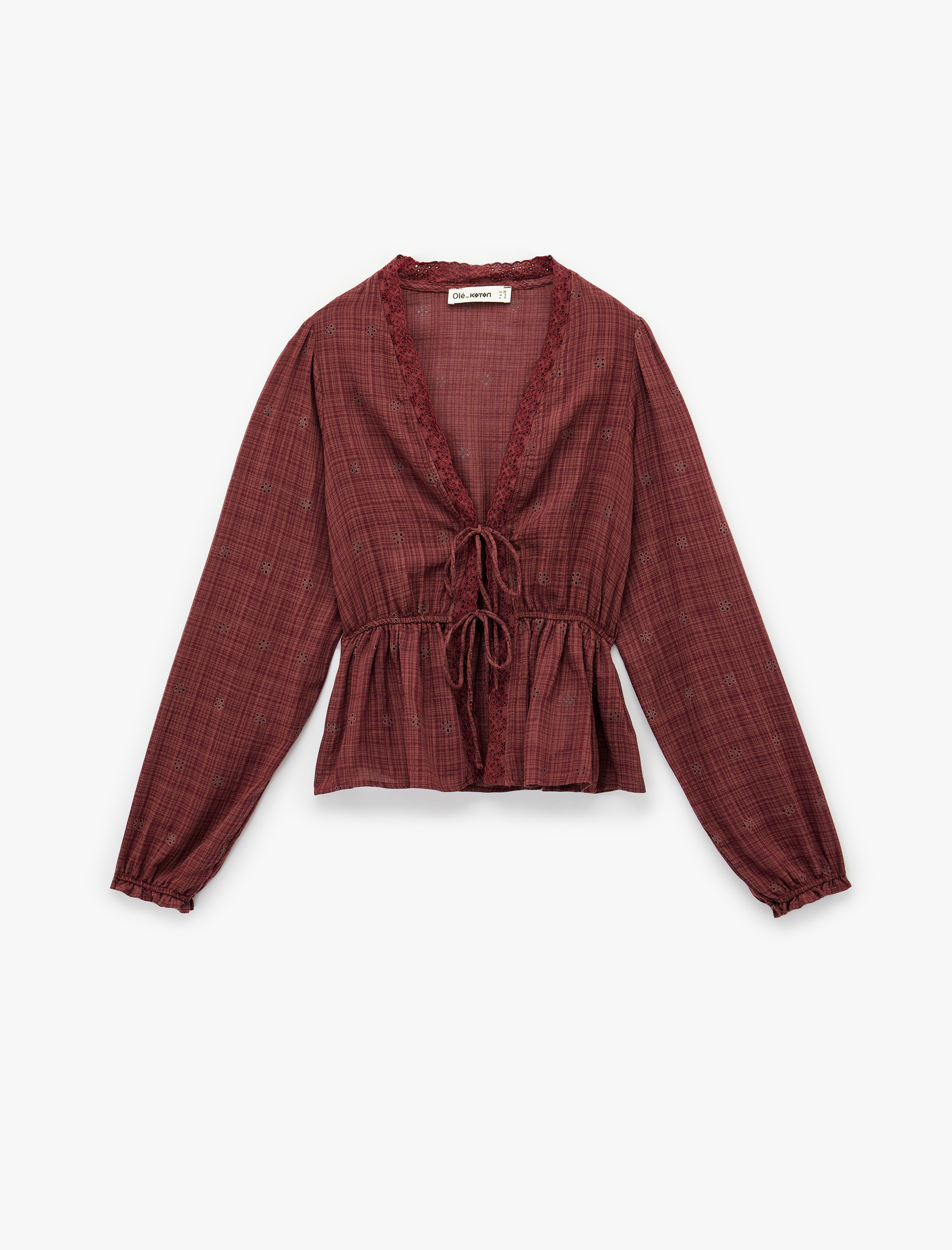   Uzun Kollu V Yaka Viskon Karışımlı Bağcıklı Fisto Bluz