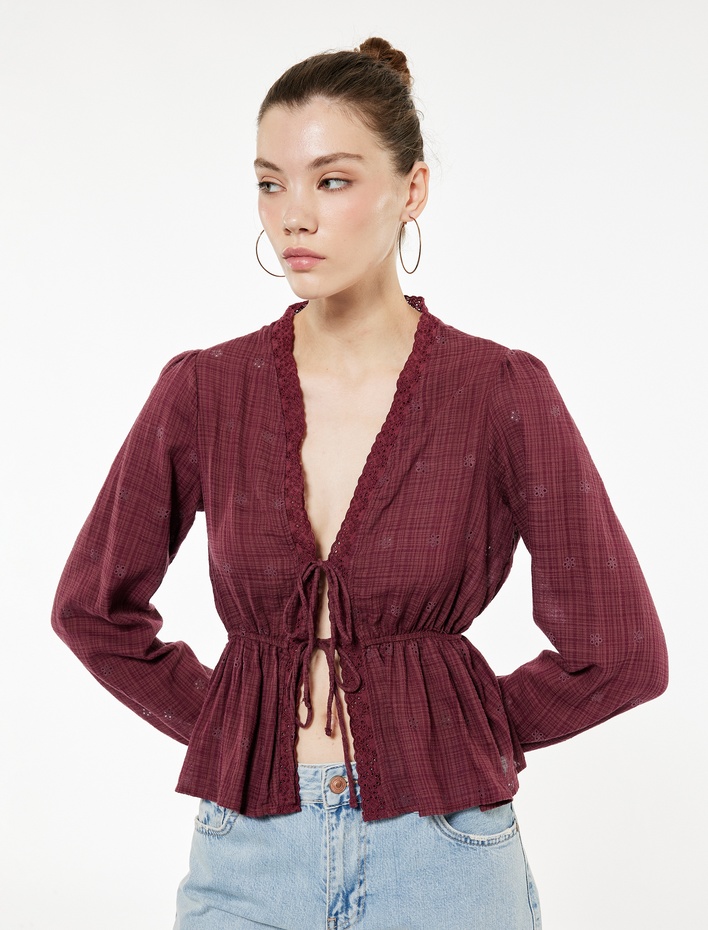  Uzun Kollu V Yaka Viskon Karışımlı Bağcıklı Fisto Bluz