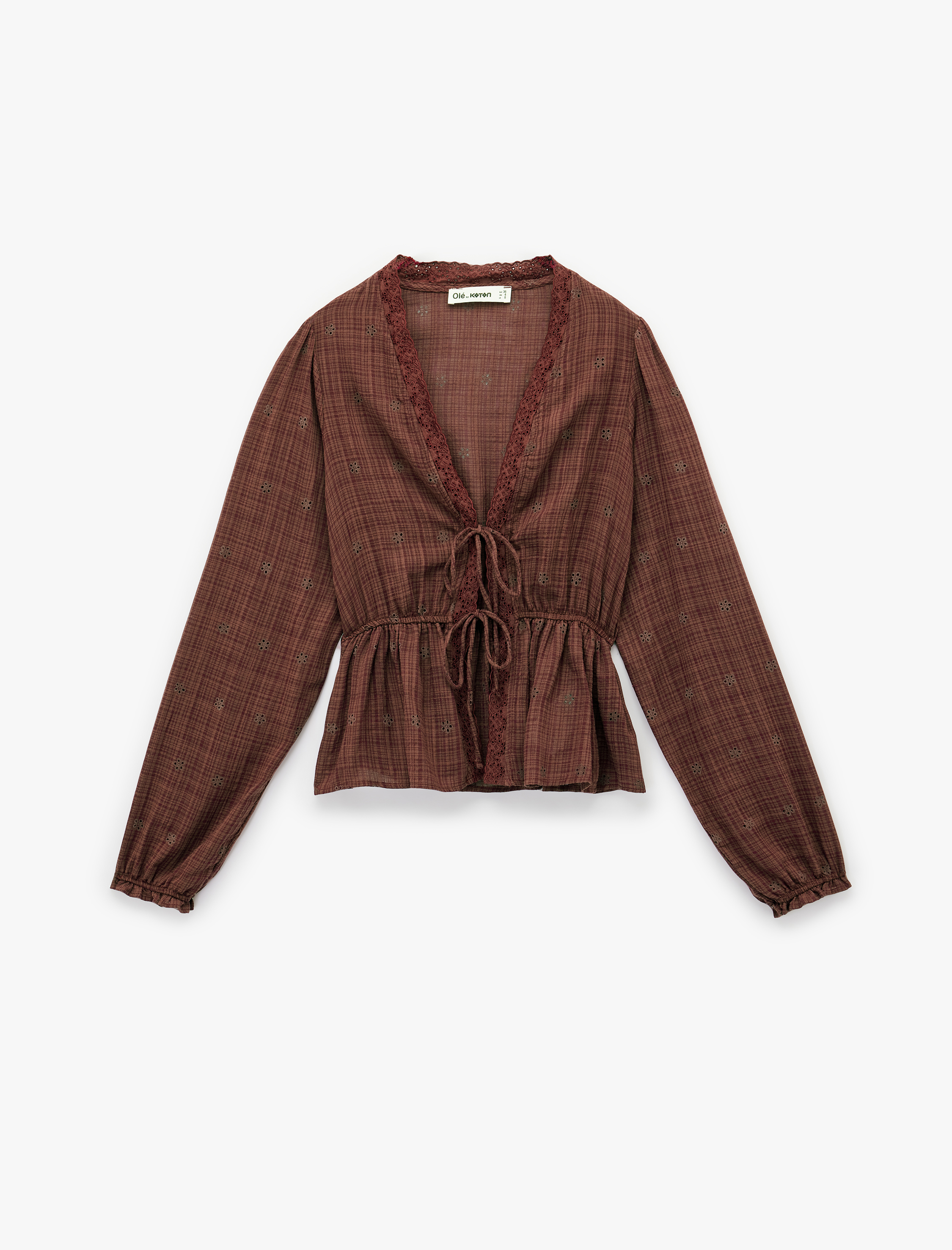   Uzun Kollu V Yaka Viskon Karışımlı Bağcıklı Fisto Bluz