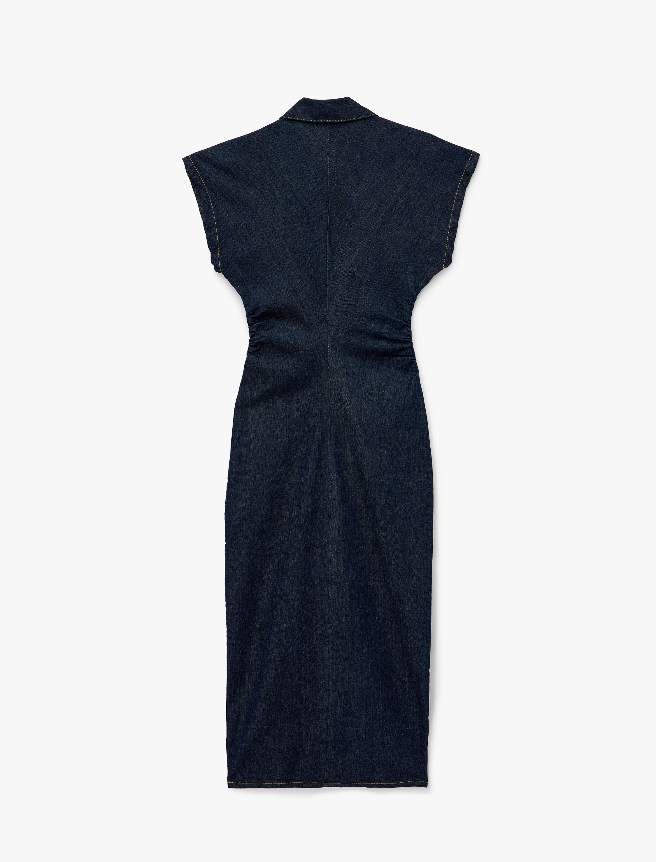   Pamuklu Düğmeli Drapeli Kısa Kollu V Yaka Midi Denim Elbise