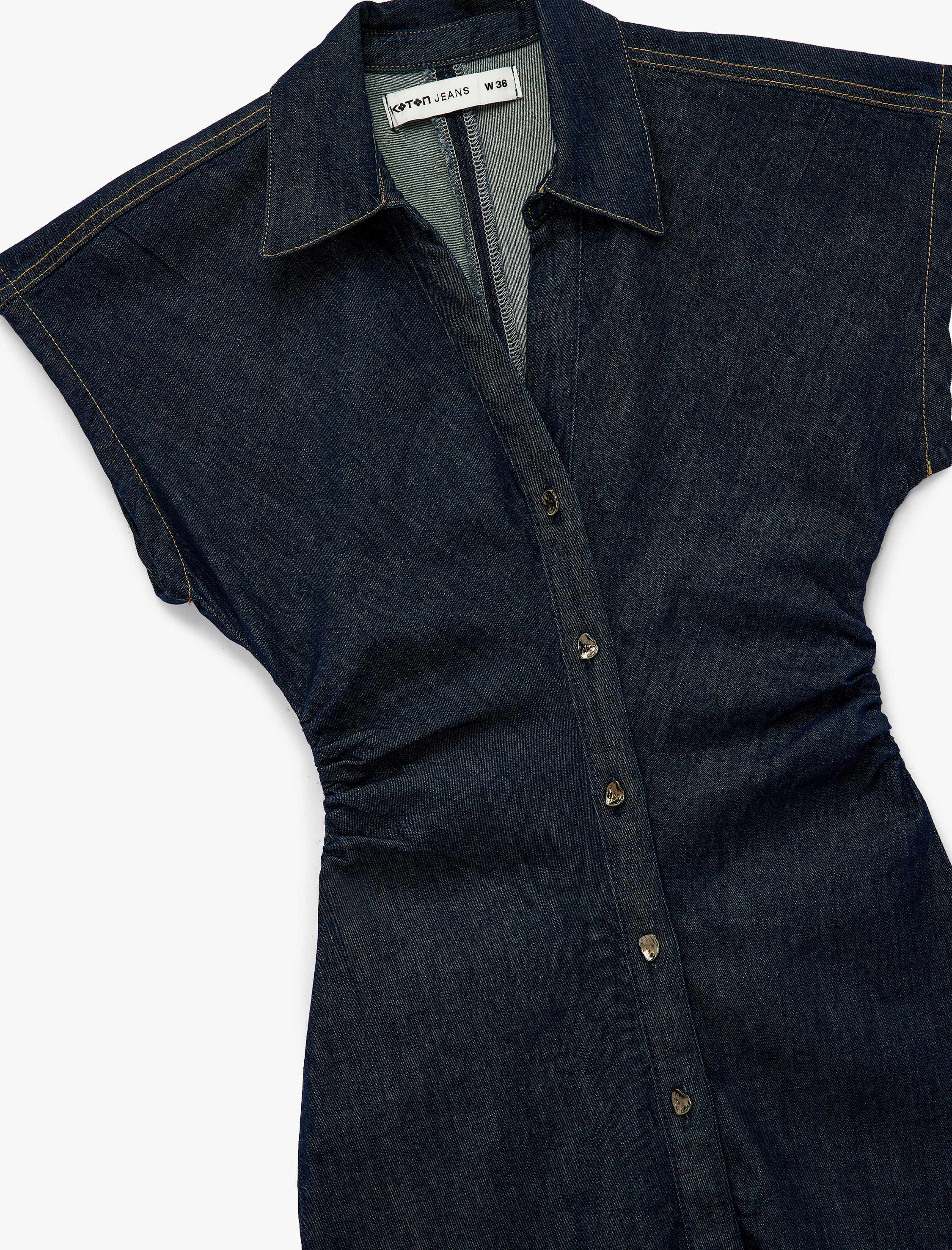   Pamuklu Düğmeli Drapeli Kısa Kollu V Yaka Midi Denim Elbise