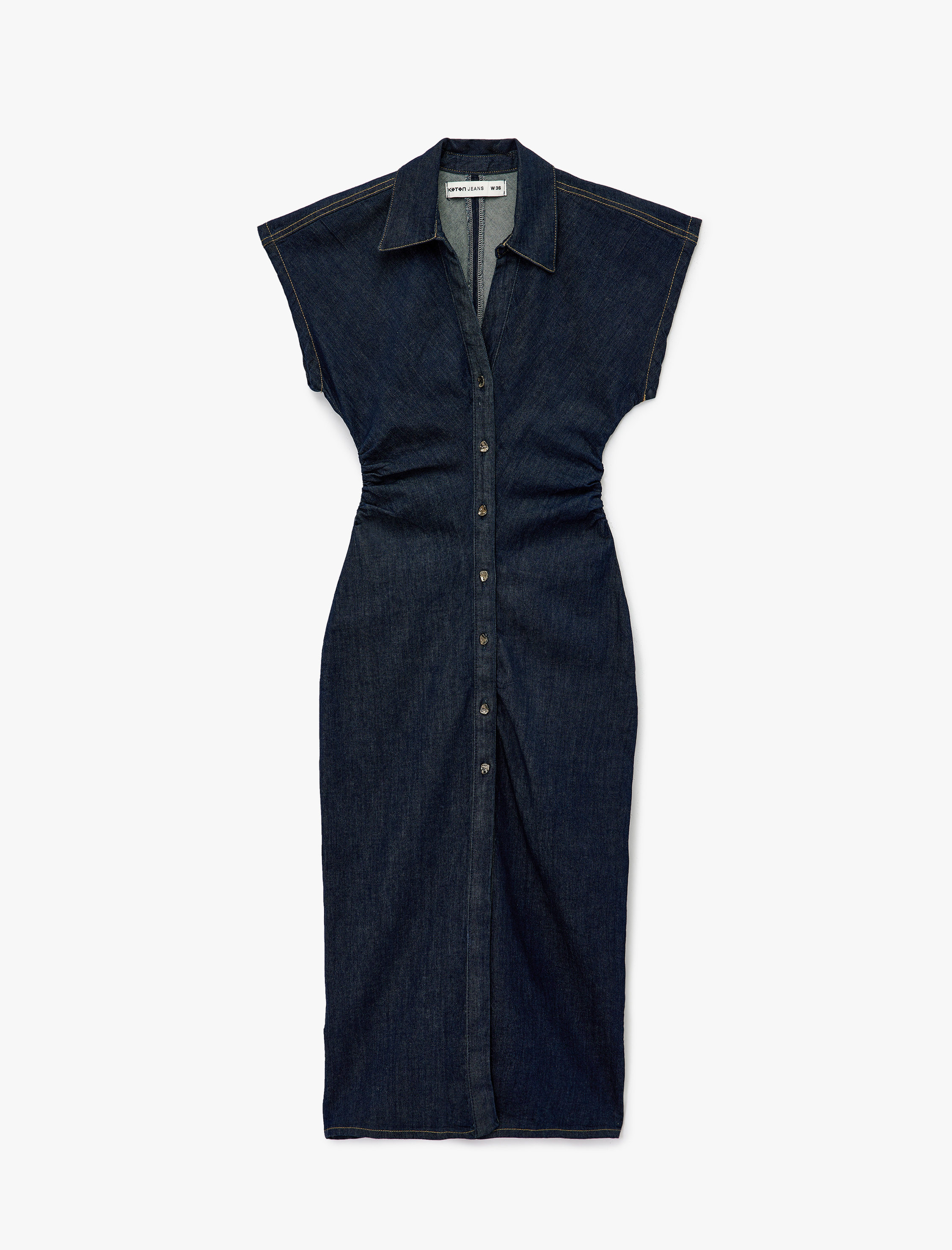   Pamuklu Düğmeli Drapeli Kısa Kollu V Yaka Midi Denim Elbise