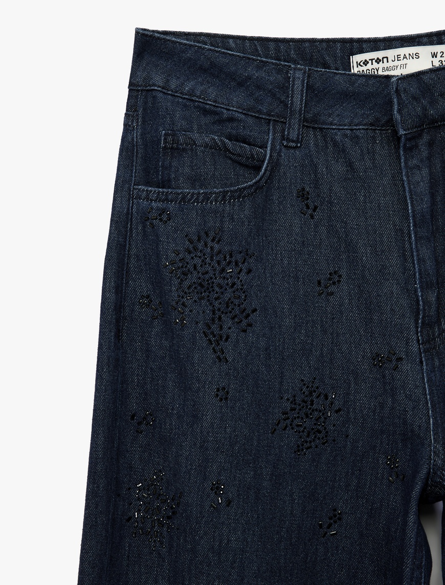   Pamuklu Rahat Kalıp Düz Paça Taşlı Jean Pantolon - Loose Straight Fit Jean