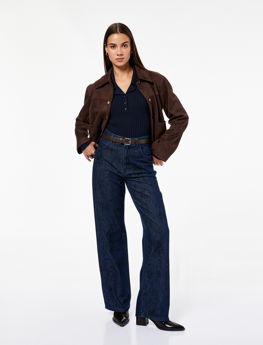   Pamuklu Rahat Kalıp Düz Paça Taşlı Jean Pantolon - Loose Straight Fit Jean