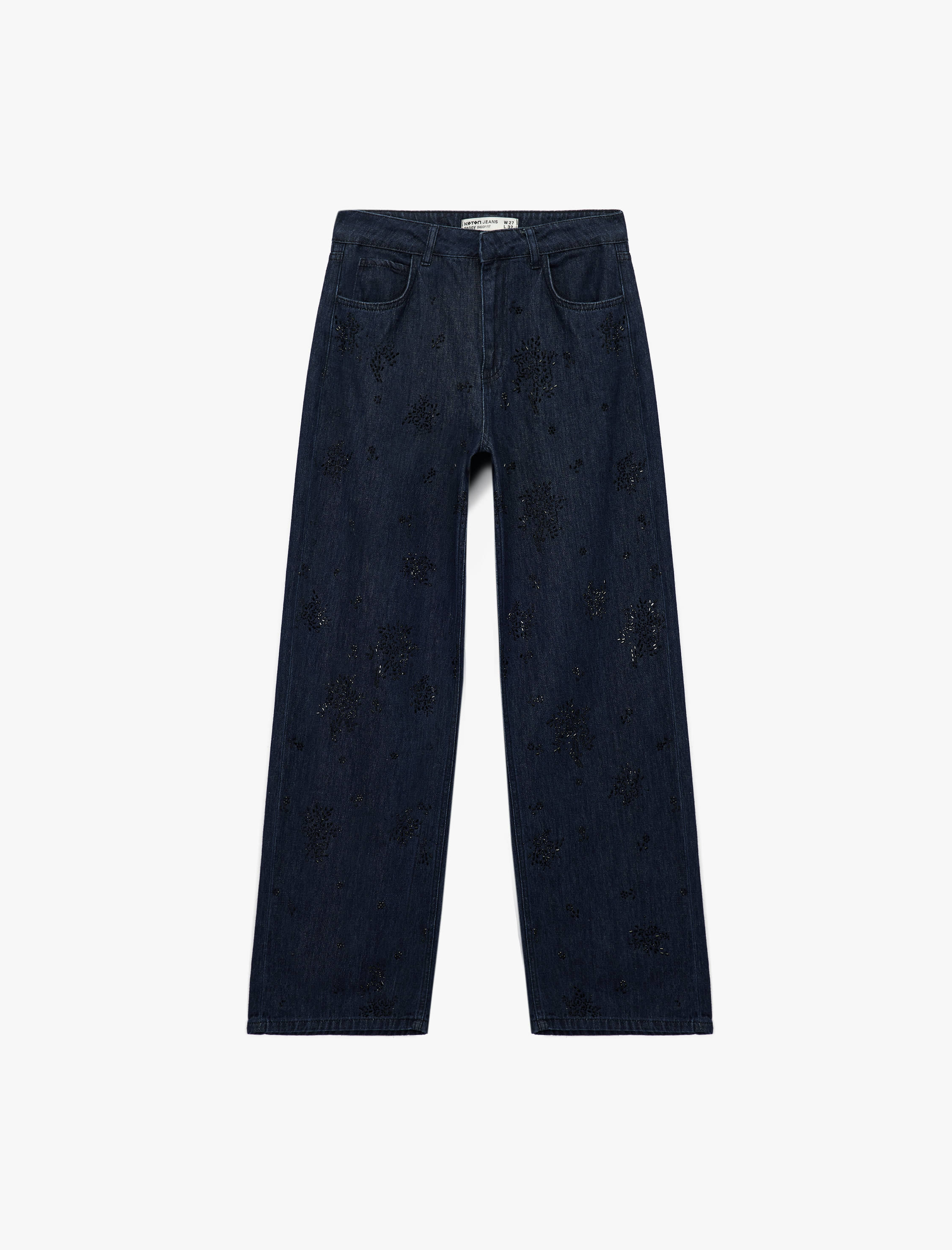   Pamuklu Rahat Kalıp Düz Paça Taşlı Jean Pantolon - Loose Straight Fit Jean