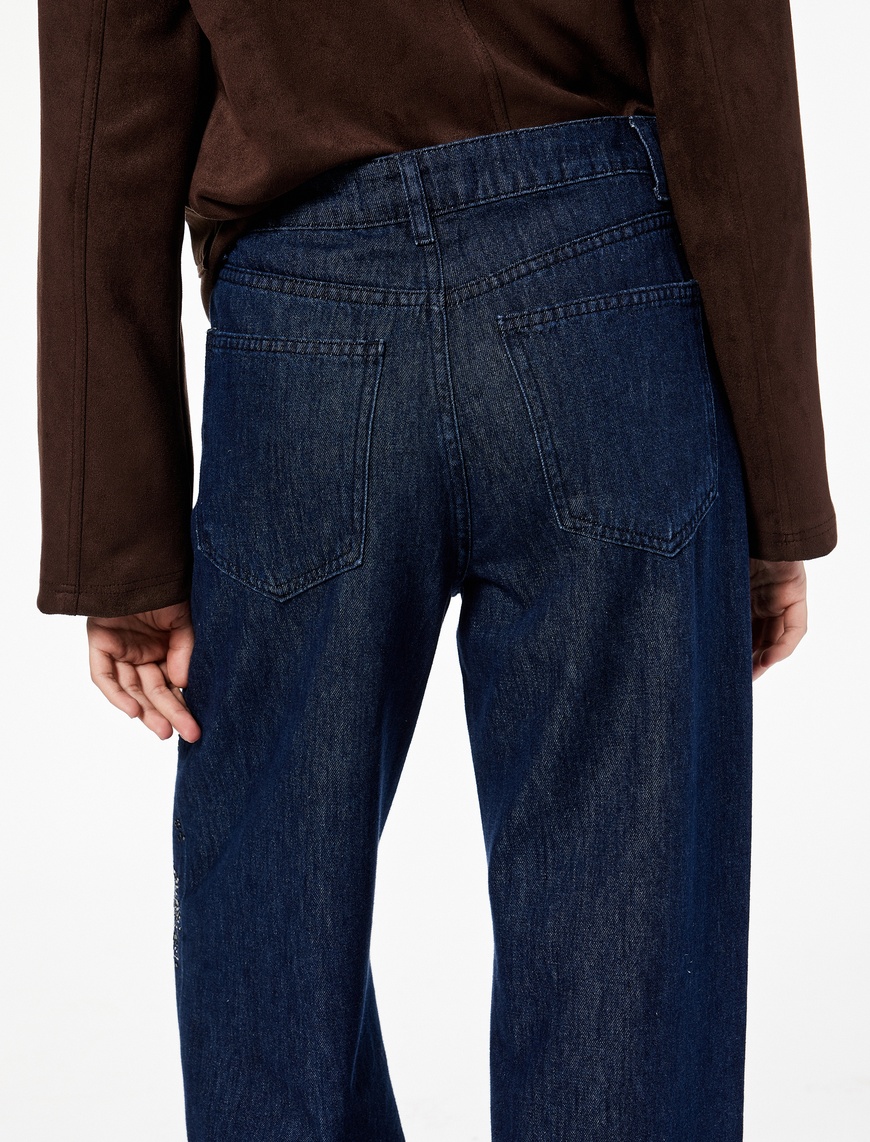   Pamuklu Rahat Kalıp Düz Paça Taşlı Jean Pantolon - Loose Straight Fit Jean