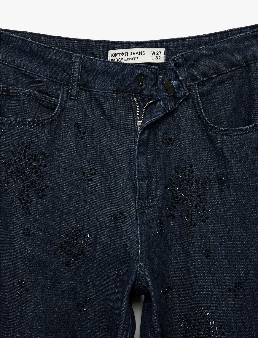   Pamuklu Rahat Kalıp Düz Paça Taşlı Jean Pantolon - Loose Straight Fit Jean