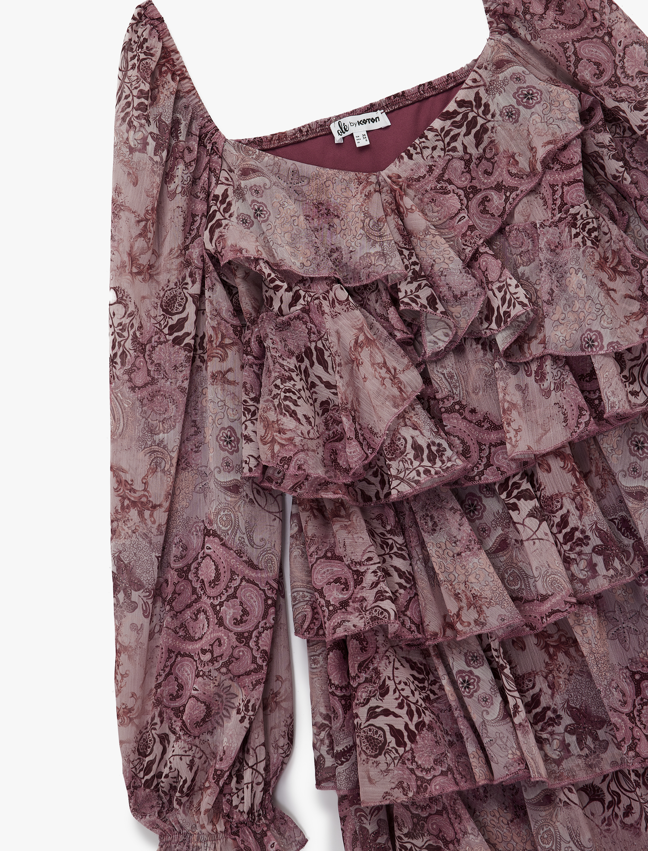   Uzun Balon Kollu V Yaka Katlı Fırfırlı Çiçekli Şifon Mini Elbise