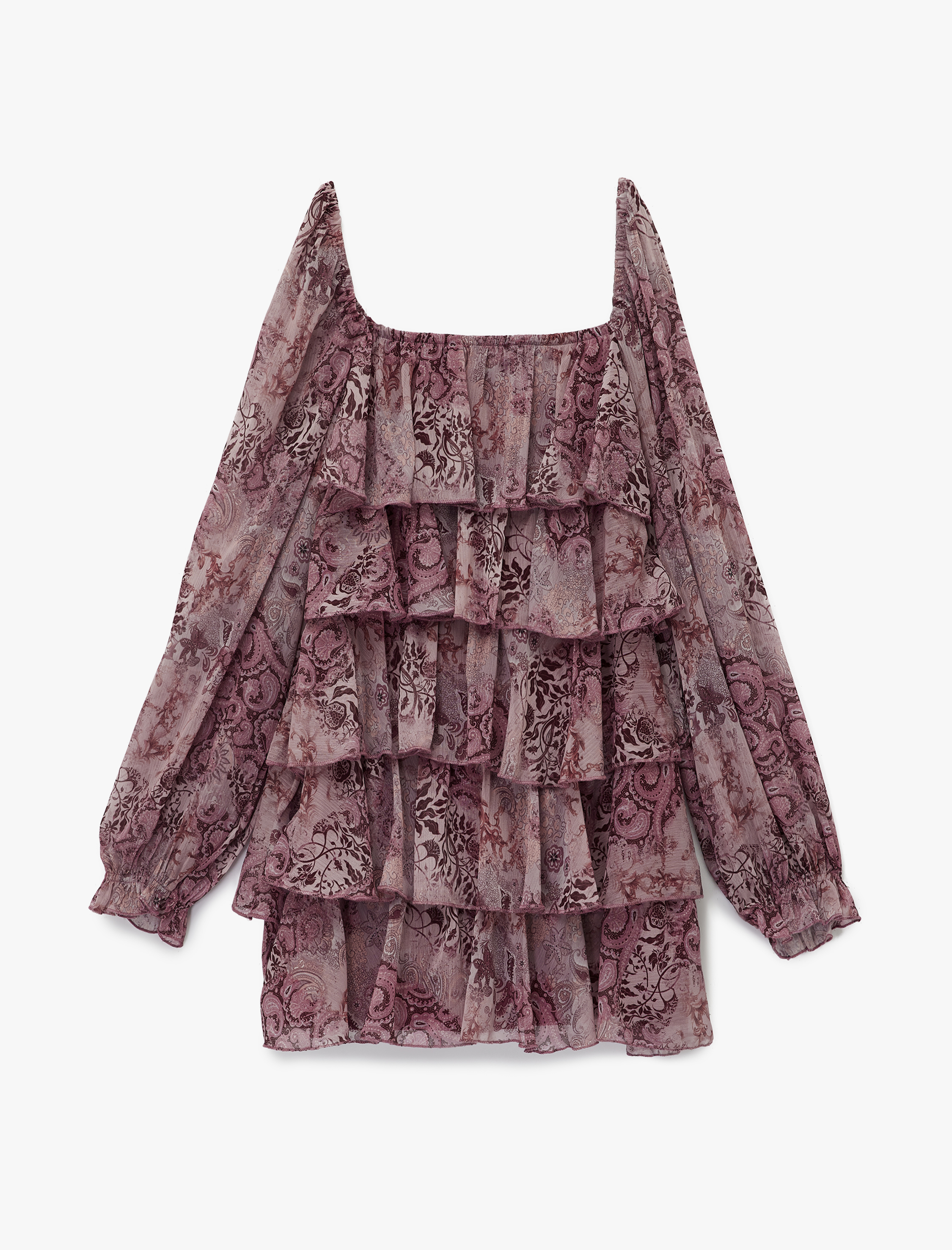   Uzun Balon Kollu V Yaka Katlı Fırfırlı Çiçekli Şifon Mini Elbise