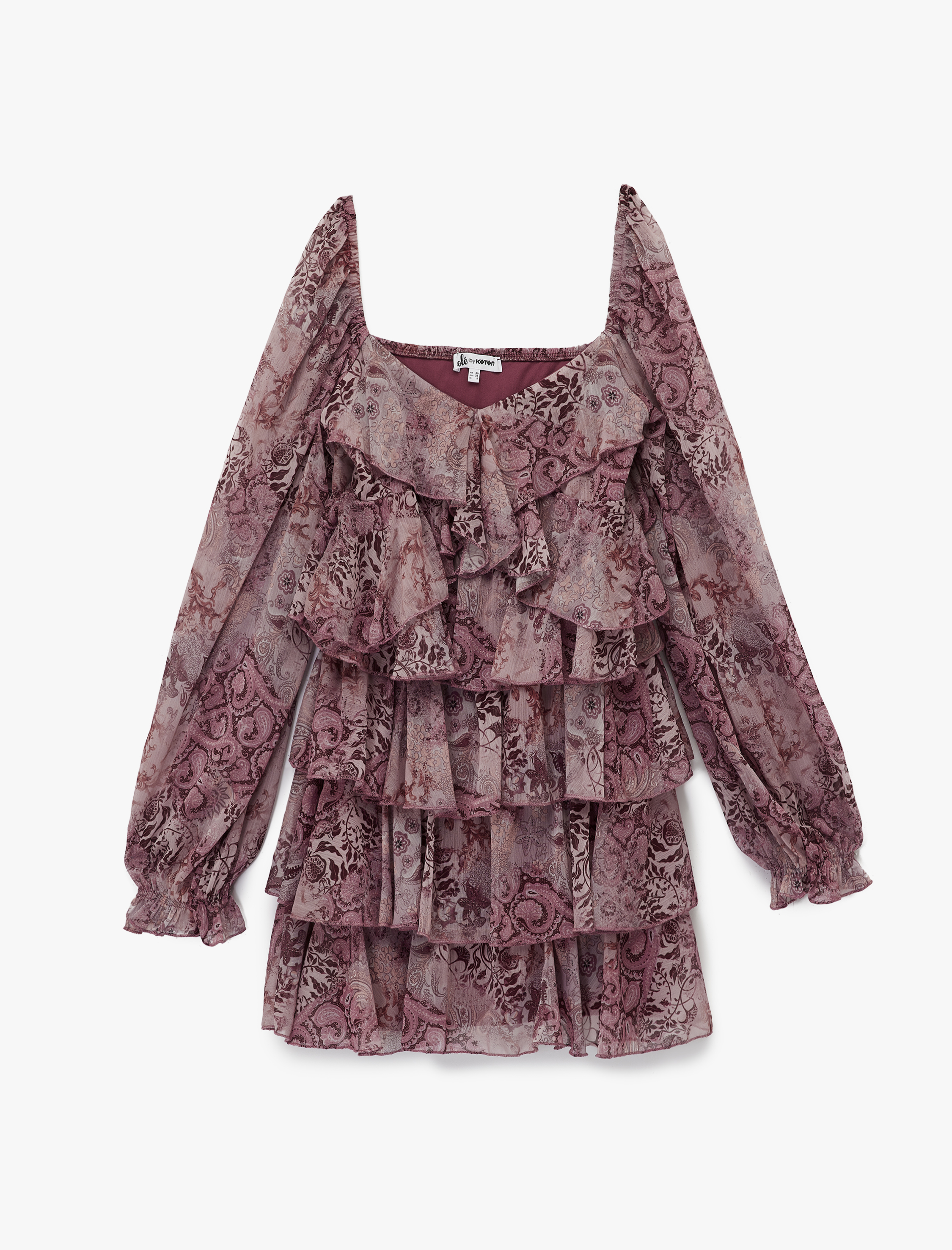   Uzun Balon Kollu V Yaka Katlı Fırfırlı Çiçekli Şifon Mini Elbise