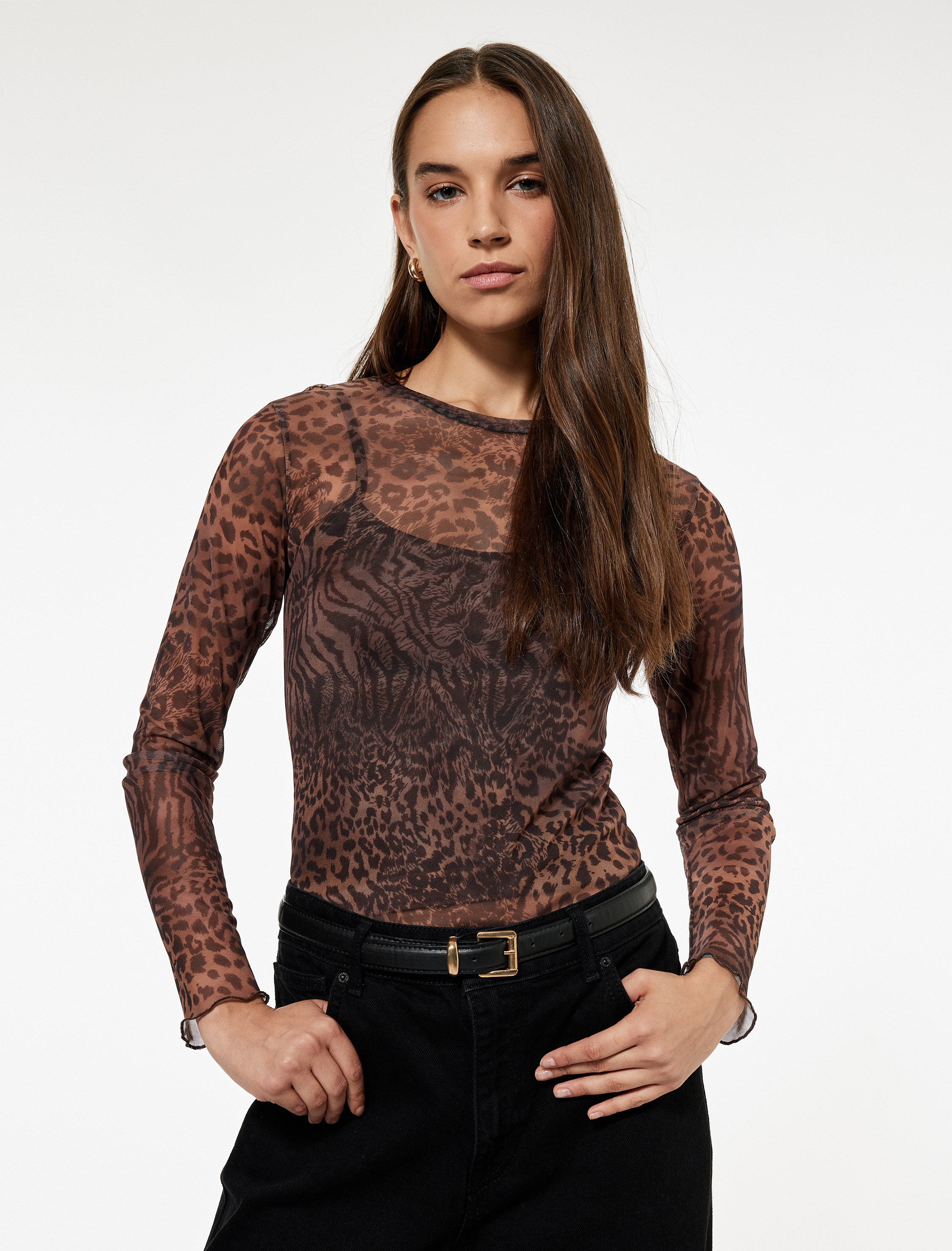   Slim Fit Uzun Kollu Leopar Baskılı Tül Tişört