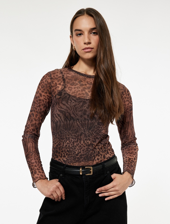  Slim Fit Uzun Kollu Leopar Baskılı Tül Tişört