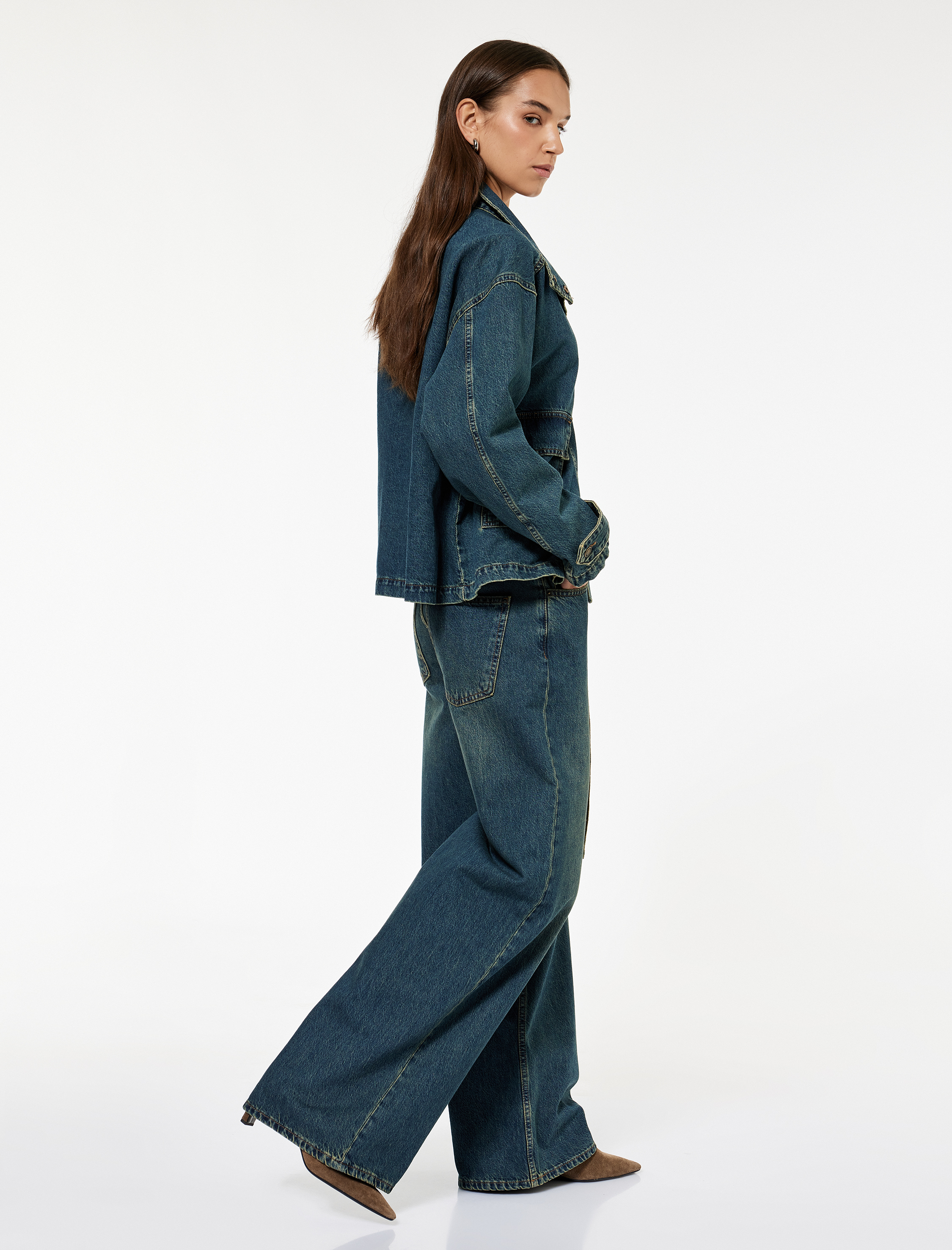   Pamuklu Normal Bel Kemerli Uzun Bol Paça Jean Pantolon - Loose Straight Fit Jean