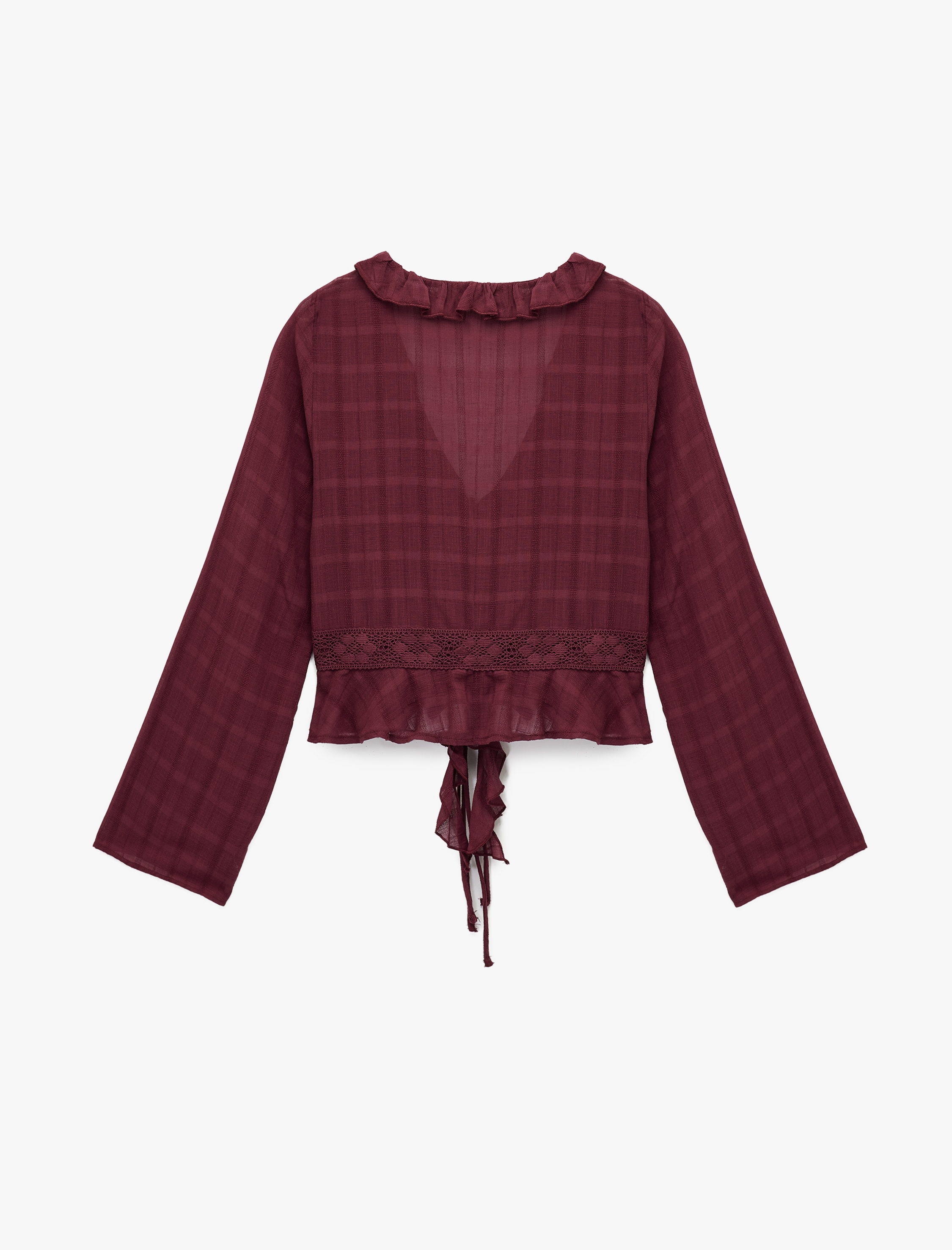   Fırfırlı Yaka Uzun Kollu Bağcıklı Dantel Detaylı Ekoseli Bluz