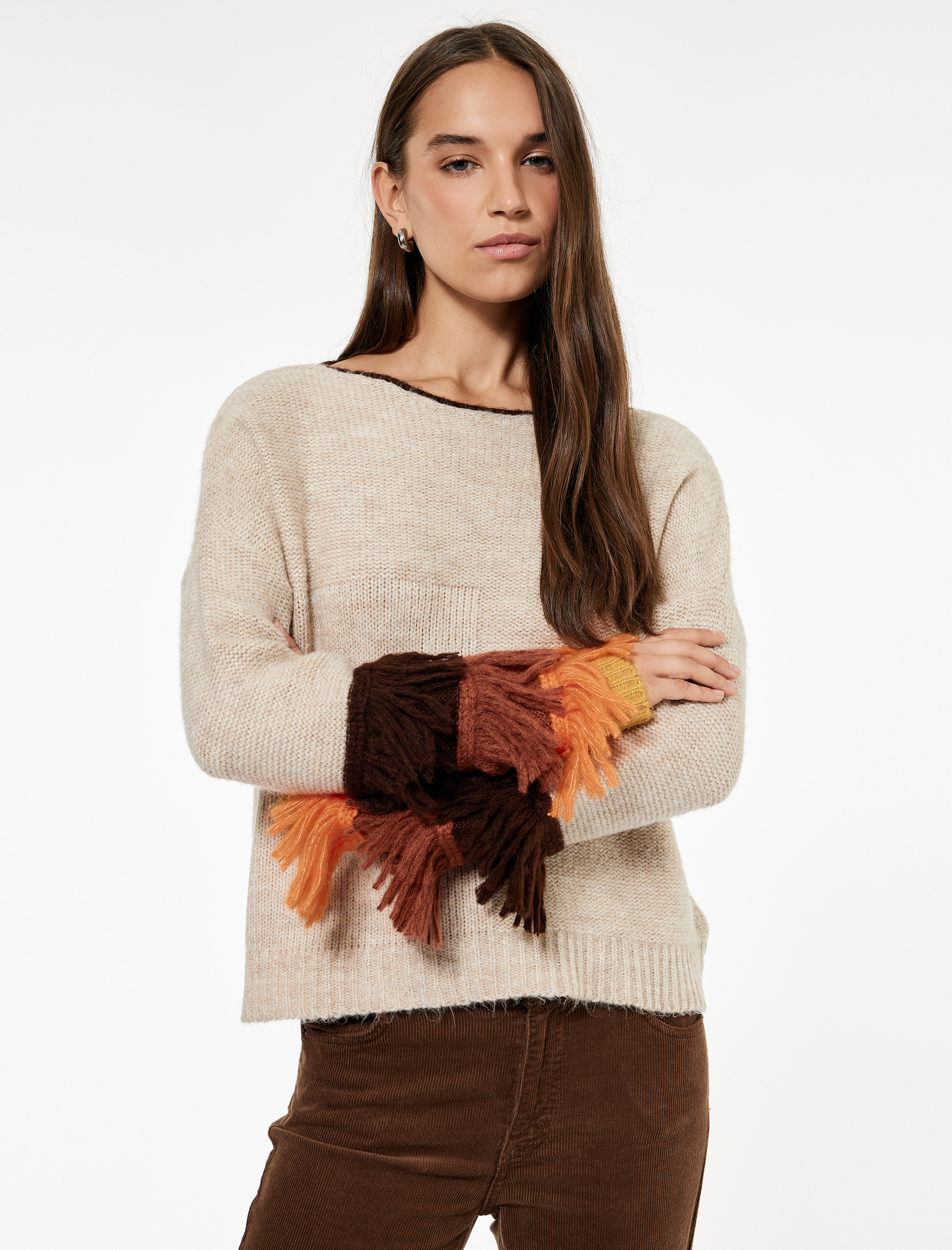   Çok Renkli Püsküllü Uzun Kollu Bisiklet Yaka Triko Kazak