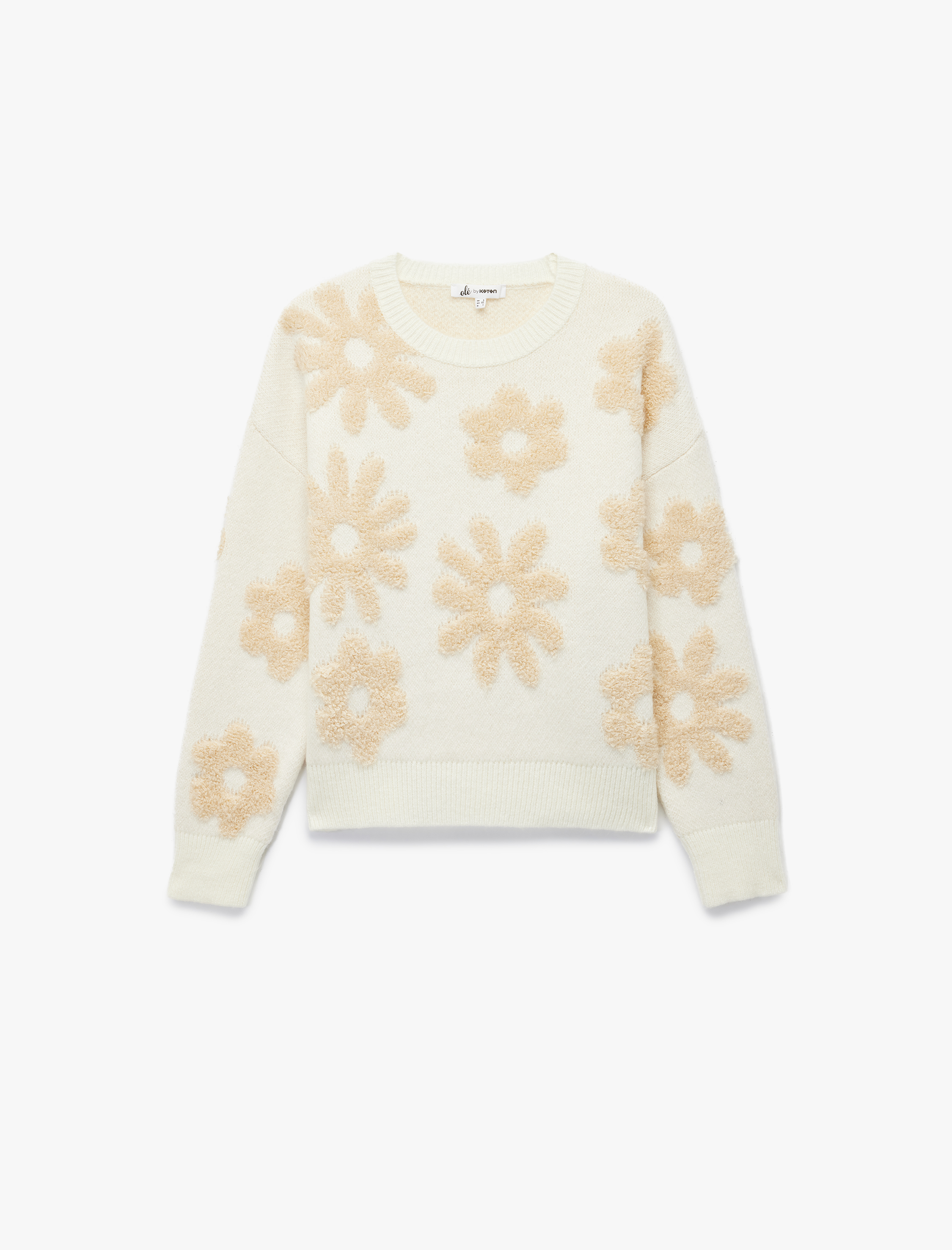   Uzun Kollu Bisiklet Yaka Çiçek İşlemeli Triko Kazak