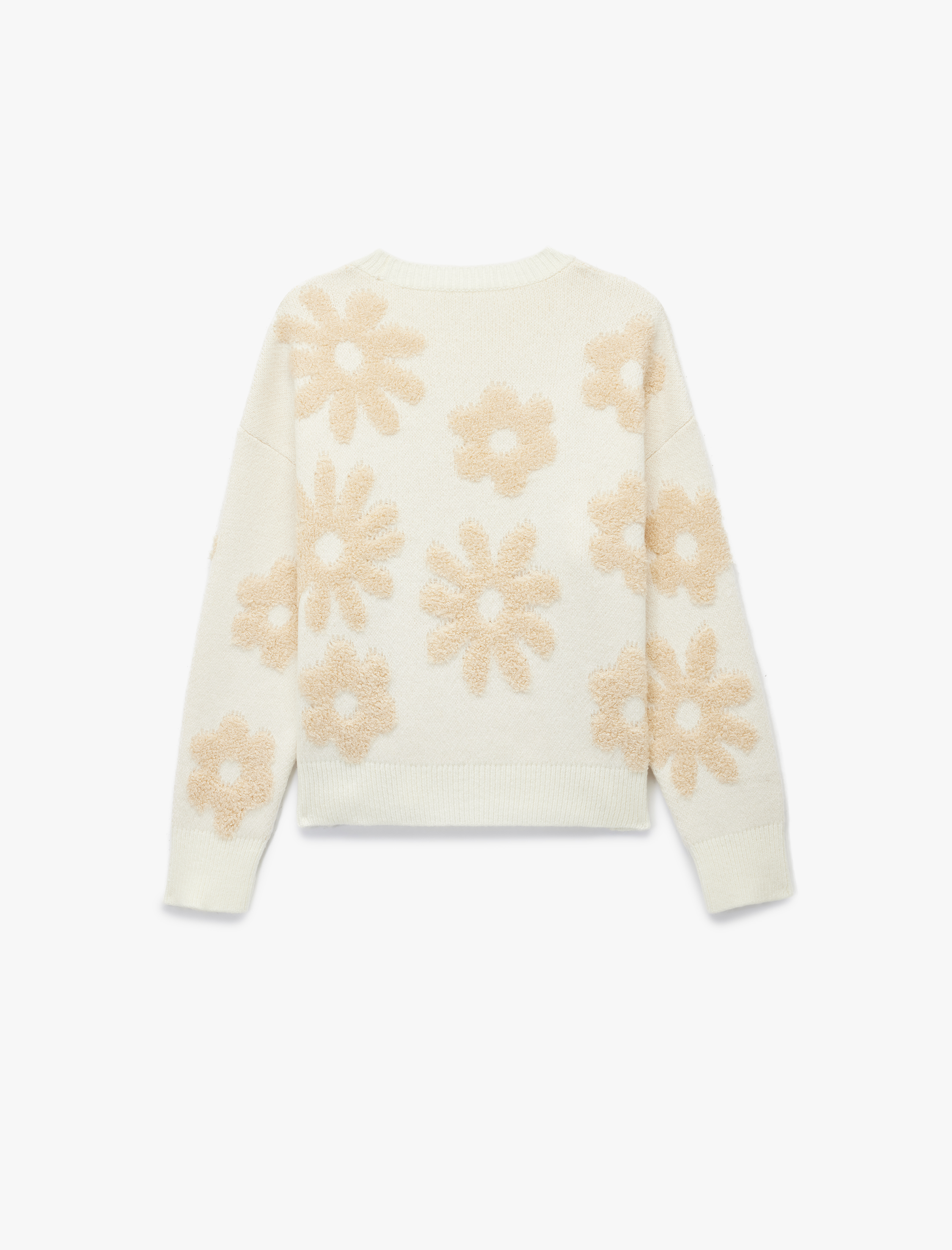   Uzun Kollu Bisiklet Yaka Çiçek İşlemeli Triko Kazak