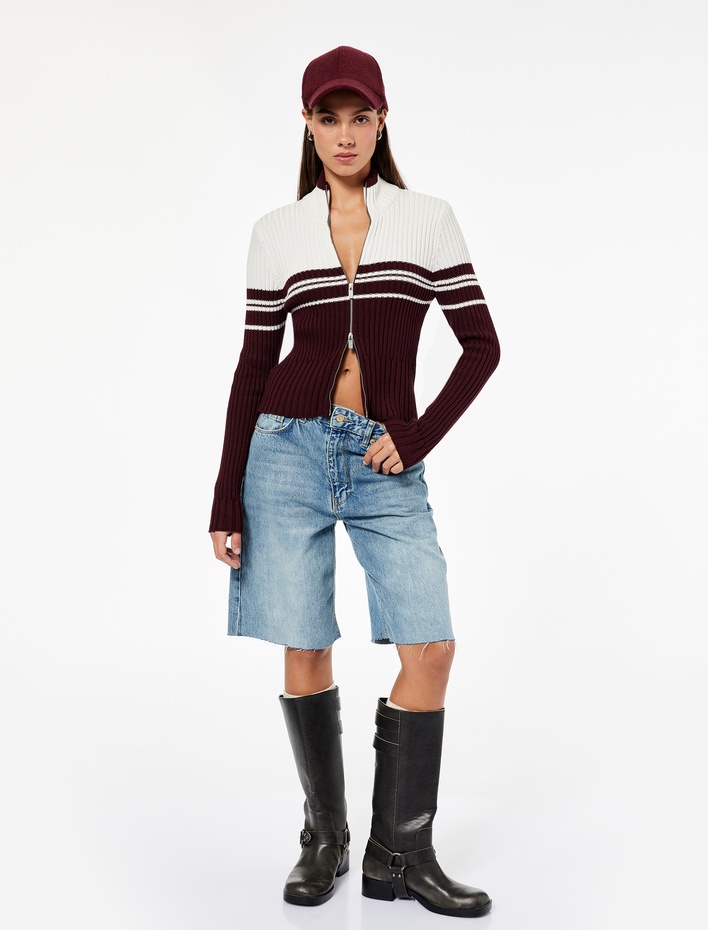  Dik Yaka Slim Fit Uzun Kollu Çizgili Fermuarlı Triko Hırka