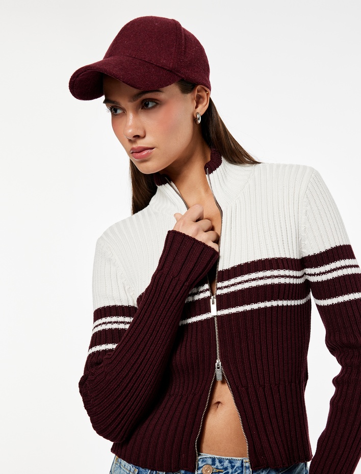  Dik Yaka Slim Fit Uzun Kollu Çizgili Fermuarlı Triko Hırka