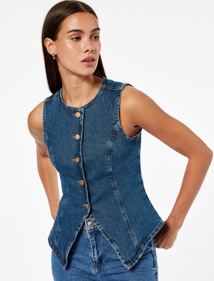  Düğmeli Kolsuz Bisiklet Yaka Denim Yelek
