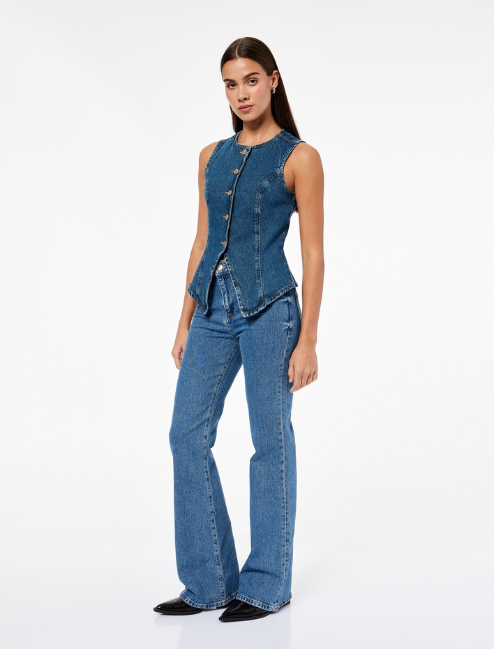  Düğmeli Kolsuz Bisiklet Yaka Denim Yelek