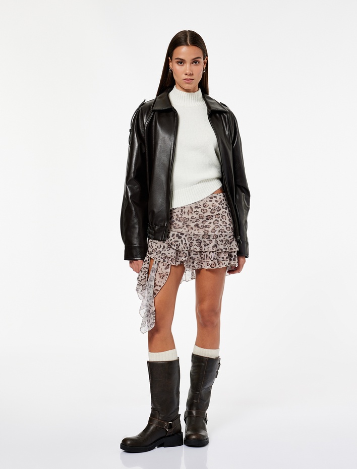  Asimetrik Kesim Fırfırlı Şortlu Leopar Desenli Mini Etek