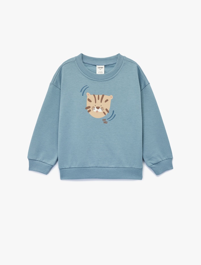Erkek Bebek Pamuklu Uzun Kollu Bisiklet Yaka Kaplan Baskılı Oversize Sweatshirt