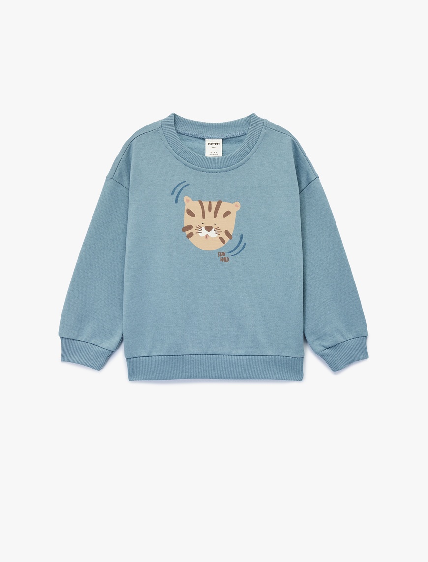  Erkek Bebek Pamuklu Uzun Kollu Bisiklet Yaka Kaplan Baskılı Oversize Sweatshirt