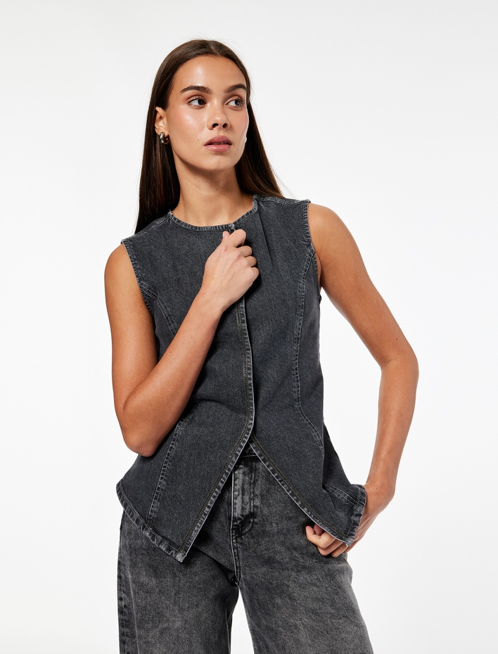  Pamuklu Slim Fit Kolsuz Bisiklet Yaka Denim Yelek