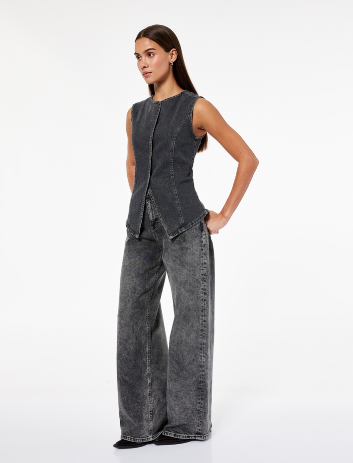  Pamuklu Slim Fit Kolsuz Bisiklet Yaka Denim Yelek