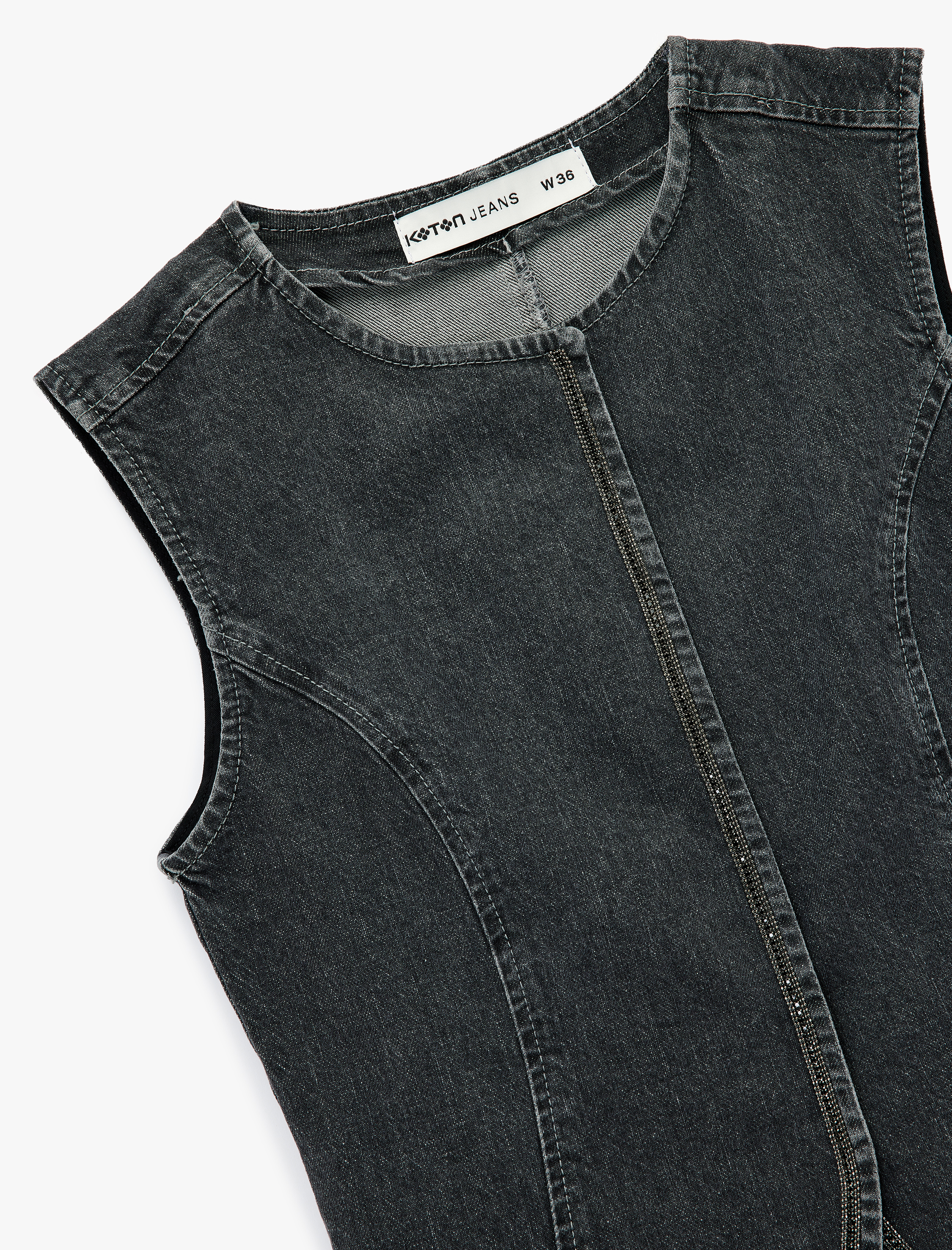   Pamuklu Slim Fit Kolsuz Bisiklet Yaka Denim Yelek