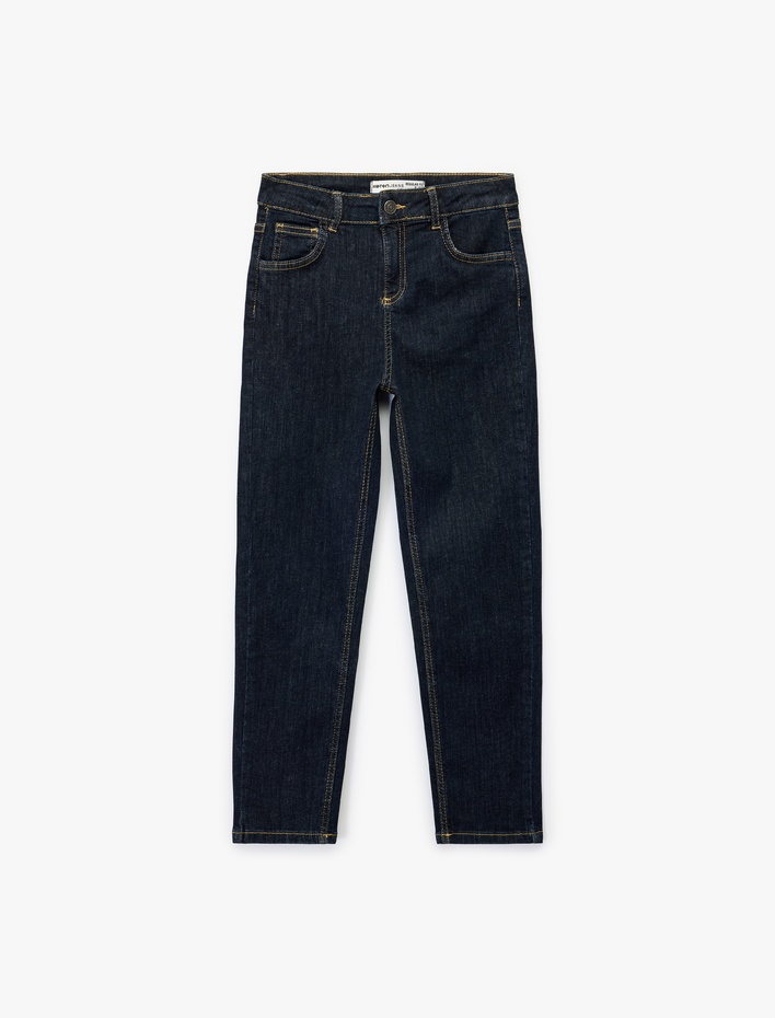 Erkek Çocuk Pamuklu Düğmeli Beli Ayarlanabilir Lastikli Straight Fit Denim Pantolon