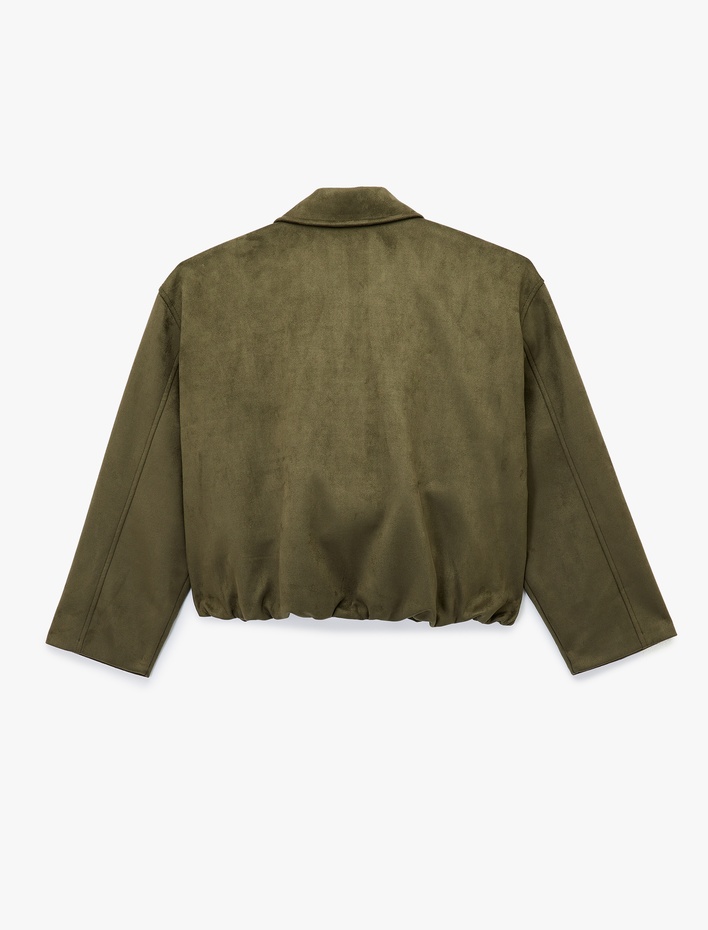  Çıtçıt Düğme Detaylı Fermuarlı Cepli Süet Görünümlü Oversize Bomber Ceket