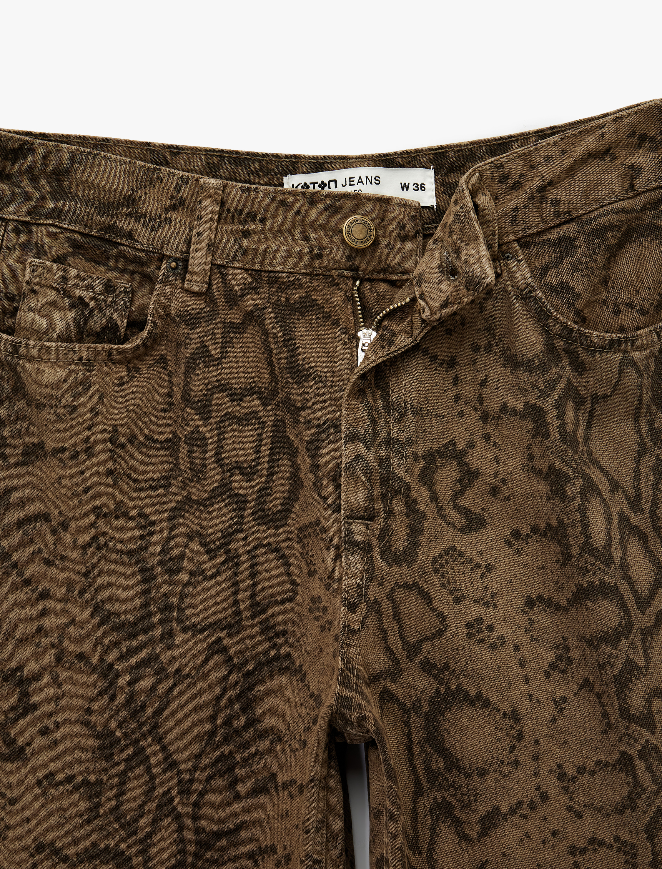   Yılan Desenli Düğmeli Normal Bel Geniş Paça Pantolon - Wide Leg Jeans